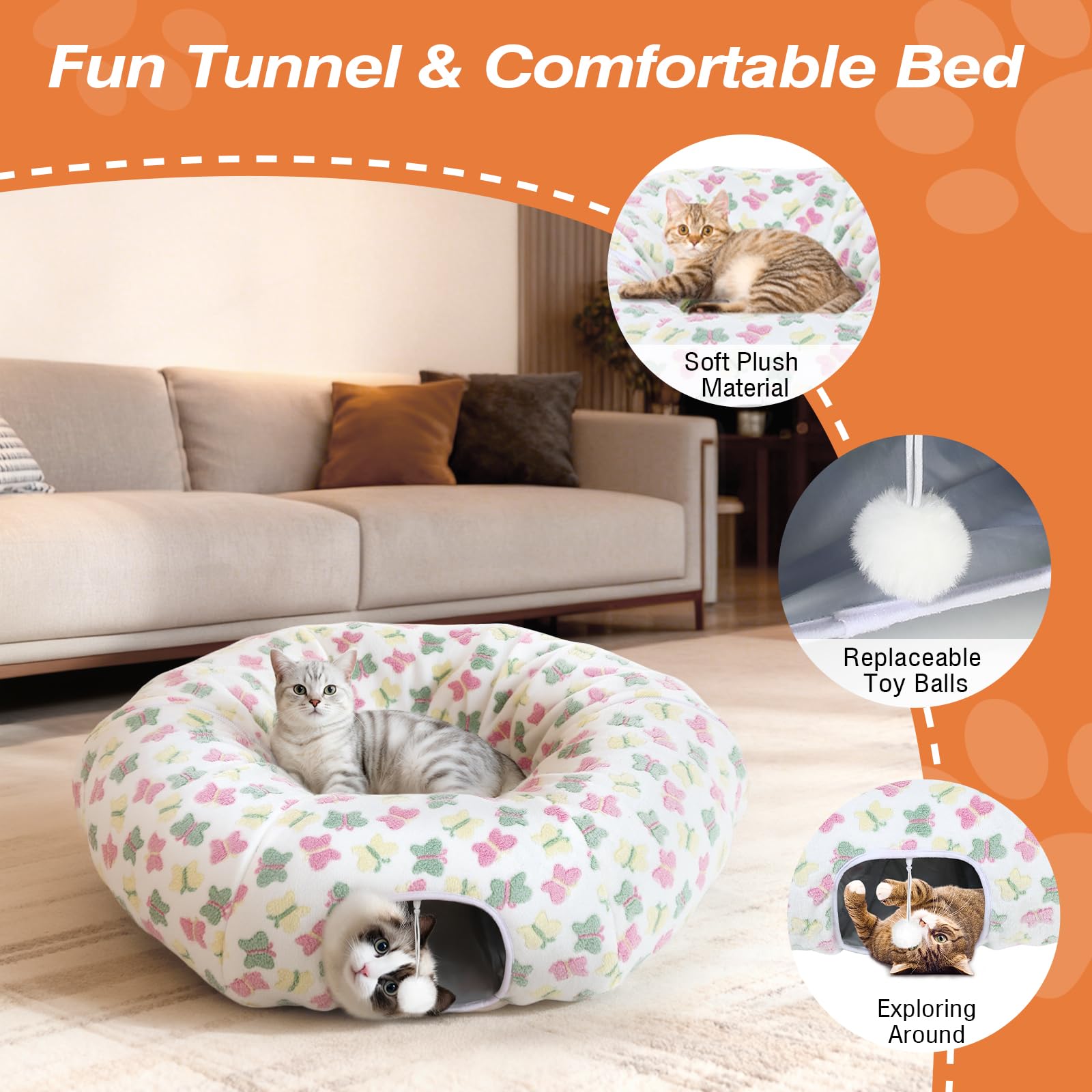 Tivray Tunnel per Gatti sotto L'albero di Natale, Letto-Tunnel in Peluche 90 cm con Palla Giocattolo e Cuscino Circolare, Grotta Interattiva Peekaboo, Regalo di Natale, Bianco & Farfalle