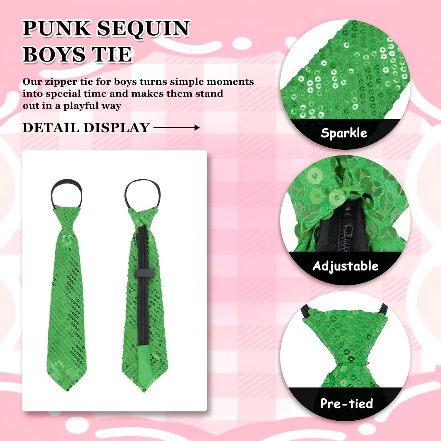 Sequins Zipper Tie for Boys, Adjustable Pre-Tied Stage Performance Shinning Women Tie (Green)