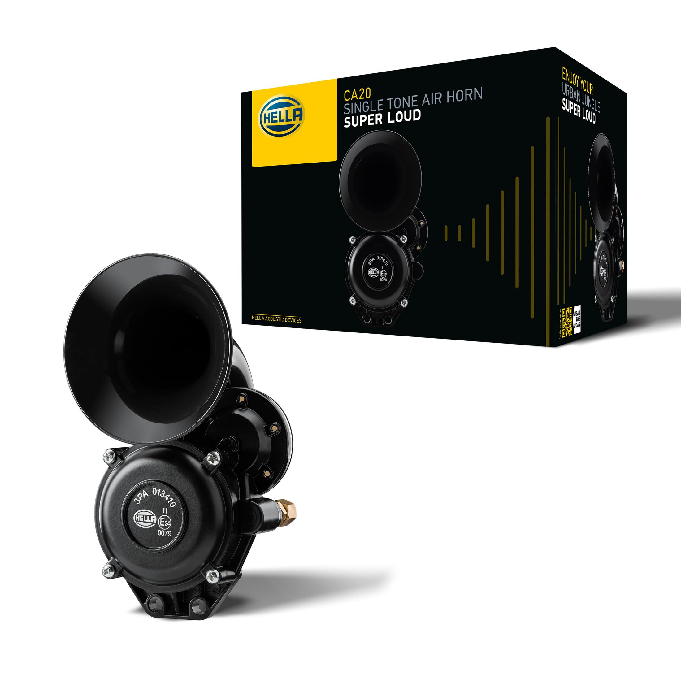 HELLA Fanfara CA20 - 12V / 24V - 115dB(A) - Zakres częstotliwości: 400Hz - Sygnał wysoki - elektryczno-pneumatyczny - ECE - Kolor obudowy: czarny - Ilość: 1 - 3PA 013 410-011