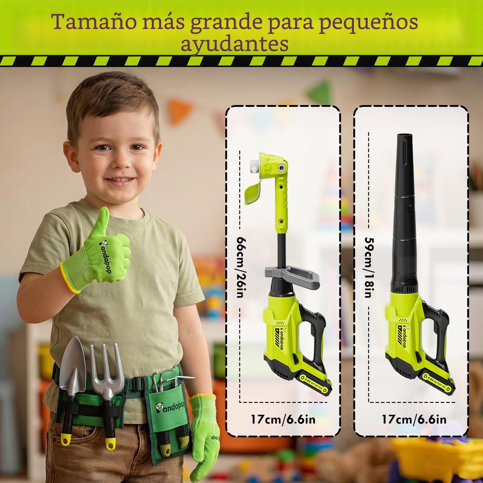 Pandapop 2 In 1 Herramientas Juguete, Desbrozadora Juguete con Luces, Soplador De Hojas con Efectos De Sonido, Herramientas Niños 3 Años con Cinturón De Herramientas Y Guantes