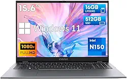CHUWI Notebook GemiBook Plus de 15,6 polegadas, Intel N150 (Beats N100/N97/N95), 16 GB LPDDR5 512 GB SSD, laptops Windows 11 para estudantes de negócios, 2K IPS FHD, 4K HDMI, WiFi 6, BT5.2