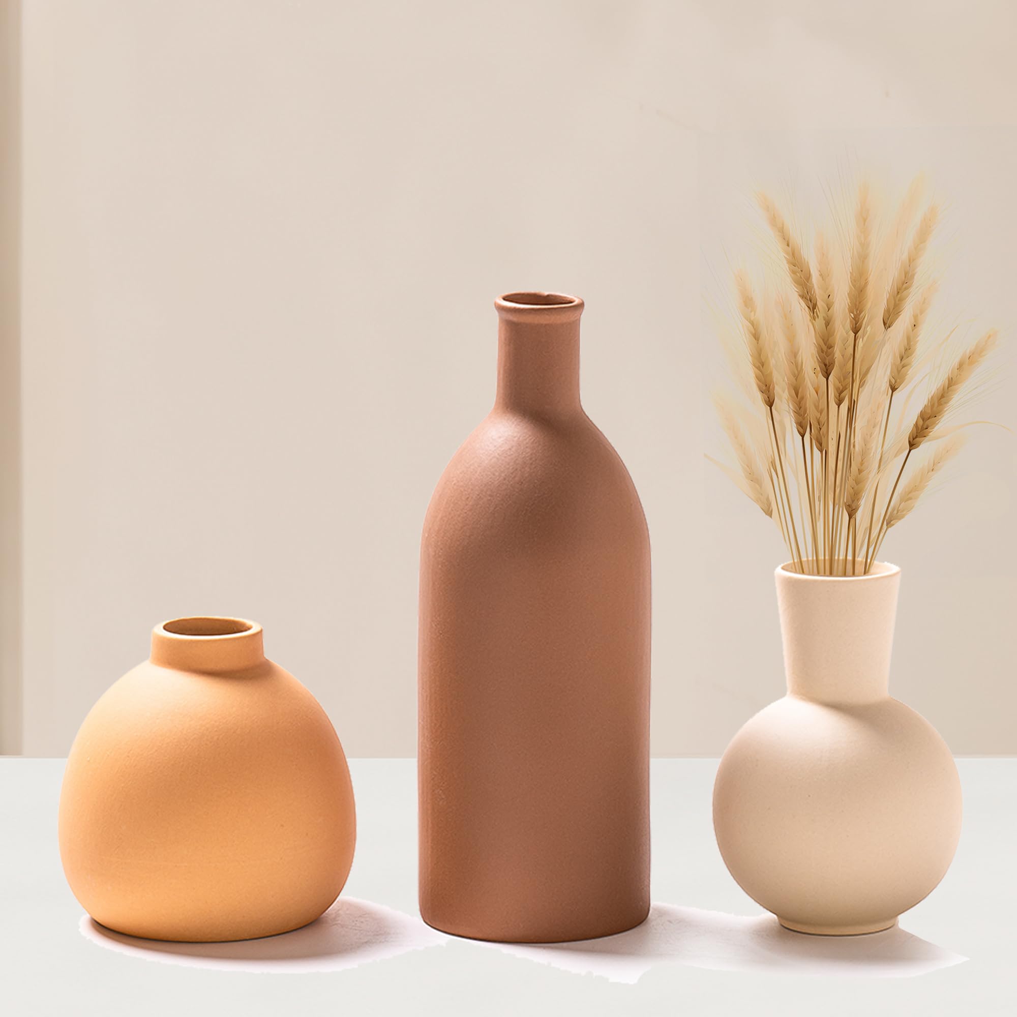VASETOPIA Ceramic Vase Set of 3, Modern Boho Home Decor for Pampas Grass, Living Room, Coffee Table, Decor-Multicolor (Orange/Brown/Beige)