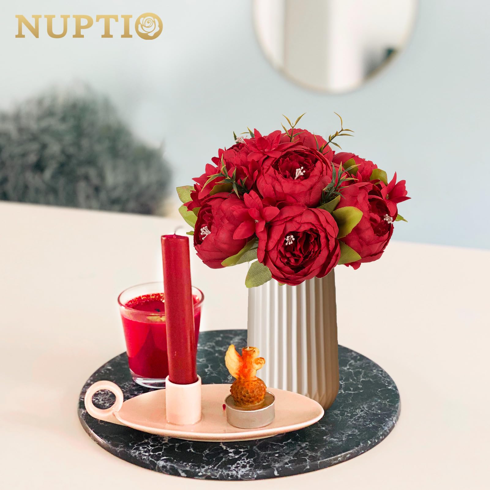 Nuptio Fiore Artificiale Peonia per Centrotavola: 2 Pezzi 24cm di Diametro Rosso Fiori Finti Palla Disposizione Seta Bouquet da Sposa Centrotavola di Nozze per Tavolo Decorazioni Casa