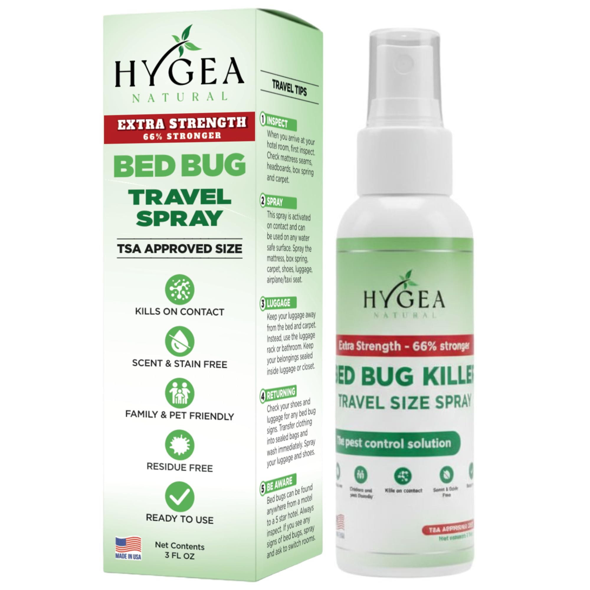 Bed Bug & Mite Extra Strength 3oz Travel Spray –TSA approved - New Formula 66% Stronger- Stain & Scent Free Treatment – Formula - Child & Pet Safe