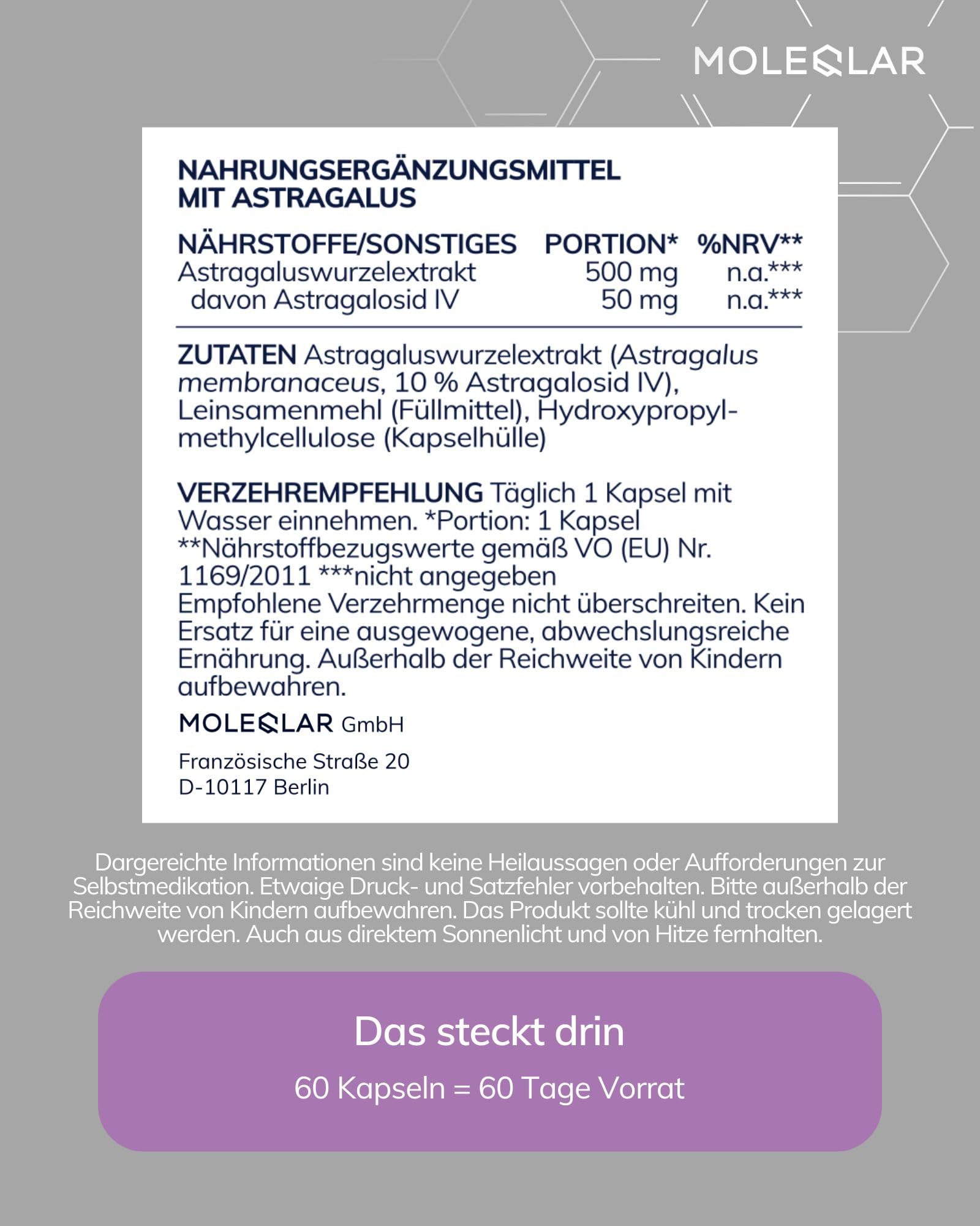 MoleQlar Astragalus Kapseln 60 Stück - 50 mg Astragalosid pro Kapsel - Traganthwurzelextrakt - Laborgeprüft und standardisiert
