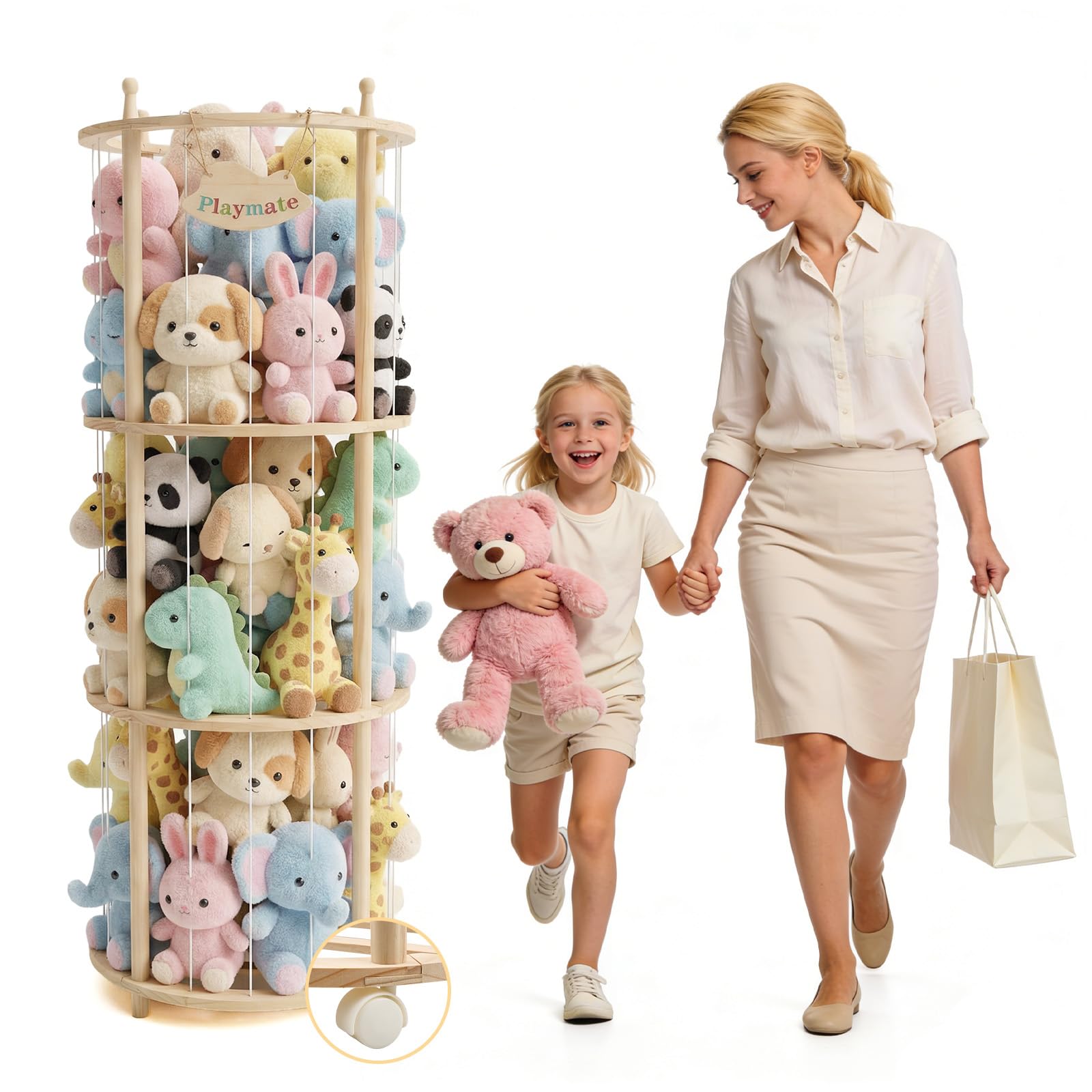 Range Peluche en Bois avec Roues Frein 360° et Élastiques, Organisateur Gain de Place, Rangement Peluche Chambre Enfant pour Chambre d'enfant et Salle de Jeux