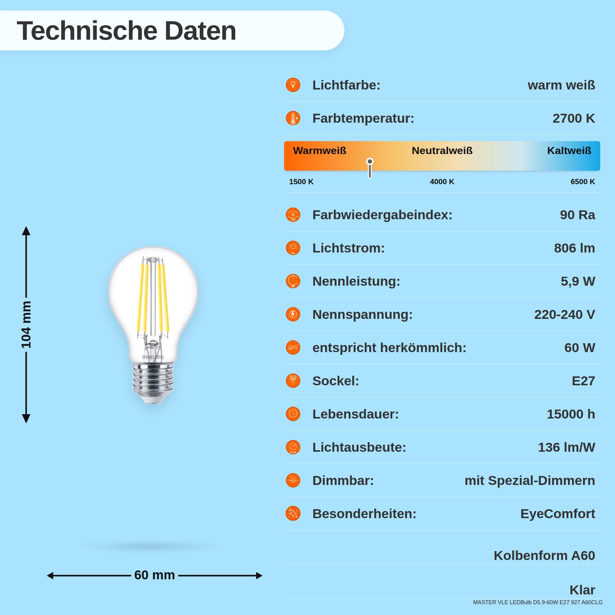 Philips LED-Lampe, Warmweiß, 5,9 W, A60, E27, 60-W-Ersatz, 220-240 V