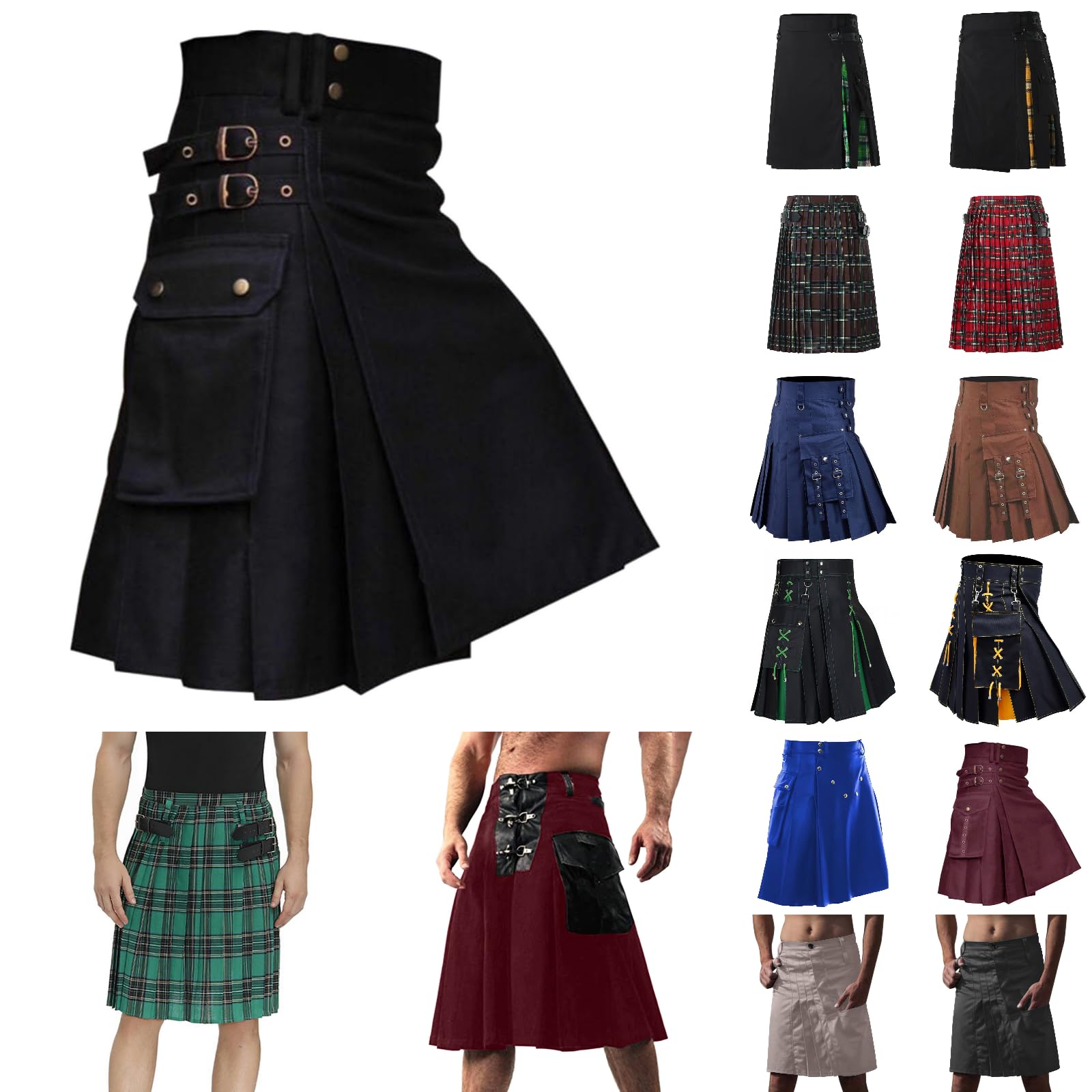Jupe Kilt écossaise à Carreaux – Style Gothique, Steampunk, Cargo – Avec Poches – Pour Homme