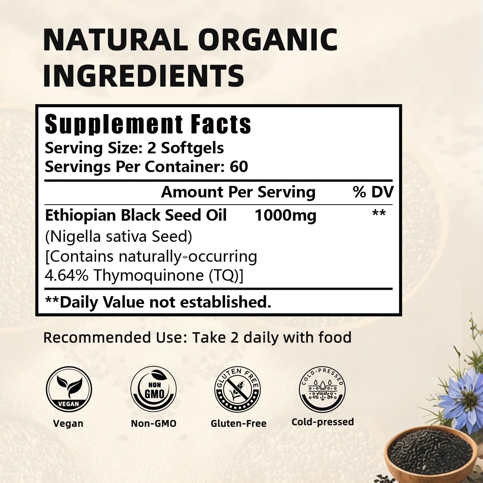 Ethiopian Black Seed Oil Capsules - 4.64% Thymoquinone, 120 Count, 1000mg Organic Cold Pressed Black Cumin Seed Oil Softgels, Gluten-Free, Immune & Digestive Support — Amazon image 2