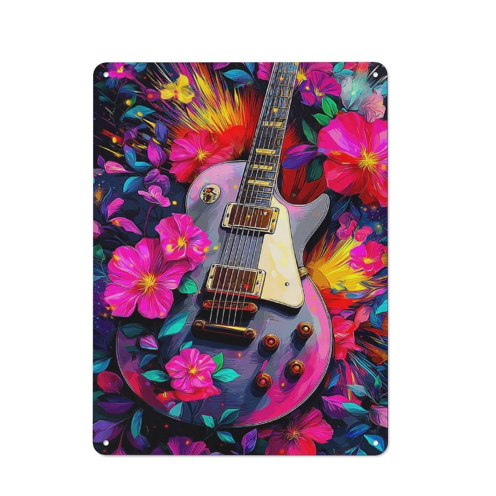 Junmoney Floral Fusion Guitar Artwork -1 Rustic Metal Sign 40X30cm For Café Or Restaurant, Suited To Café Owners And Decorators