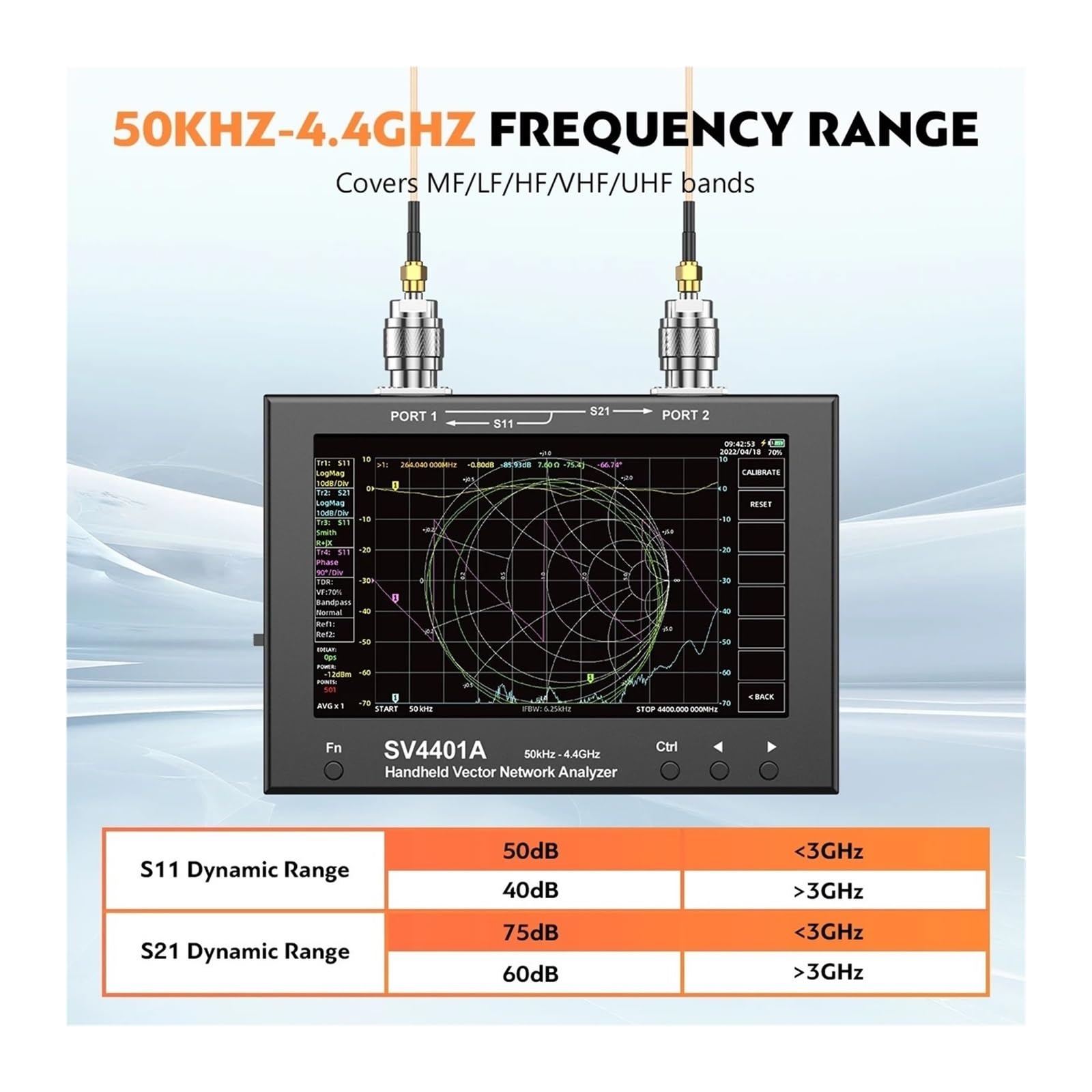 Analizator sieci wektorowych, SV4401A 7 "dotykowy wyświetlacz LCD 50 KHz-4,4 GHz NanoVNA VNA wektorowy sieciowy analizator antenowy UHF HF VHF SWR 100db dynamiczny Tester VNA Pomiar parametrów S, SWR
