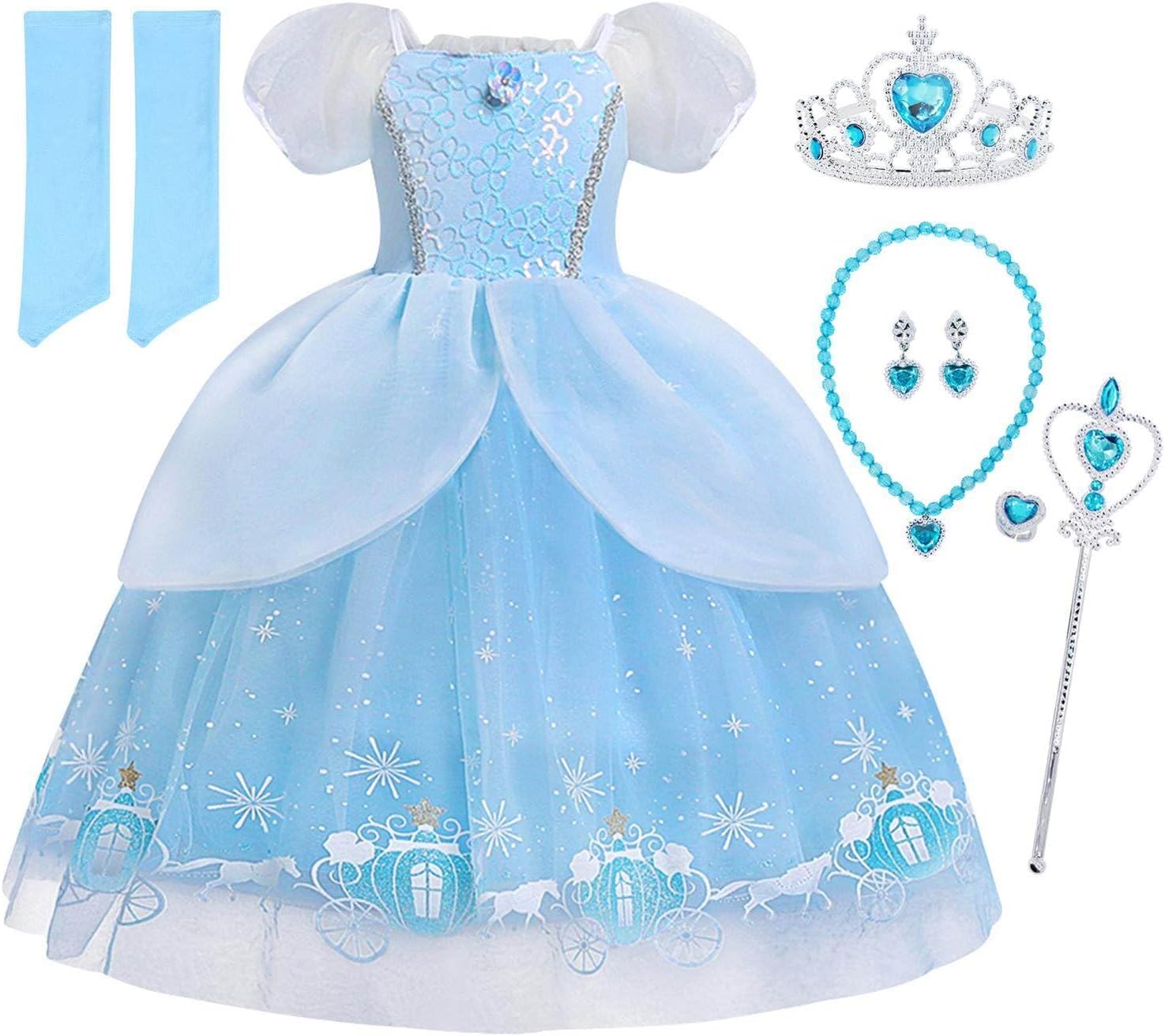 JurebeciaPrincess Cinderella Costume Puff Sleeve Dresses for Girls Blue Dress Up Clothes Halloween Birthday Fancy Party Outfit