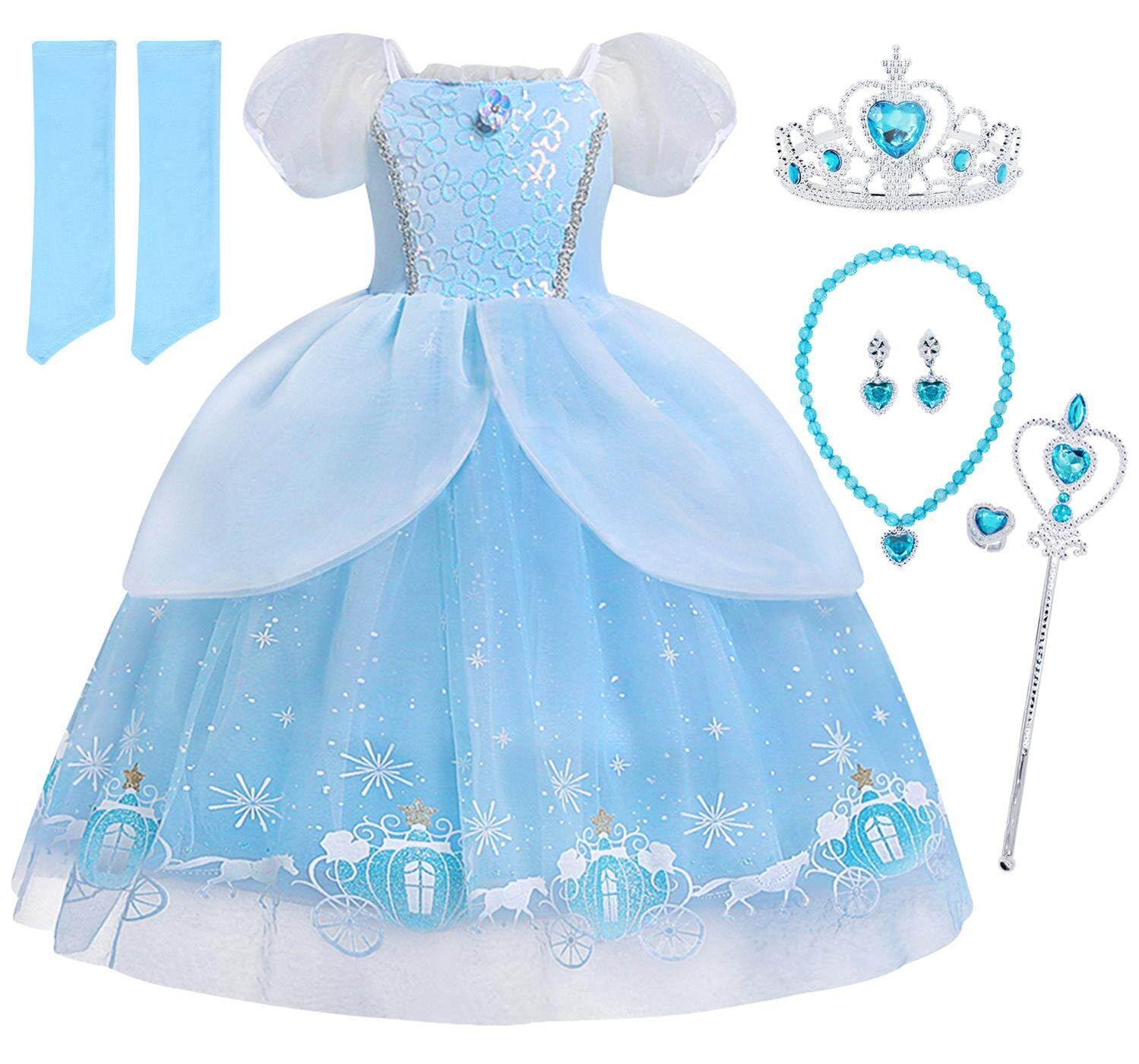 JurebeciaPrincess Cinderella Costume Puff Sleeve Dresses for Girls Blue Dress Up Clothes Halloween Birthday Fancy Party Outfit