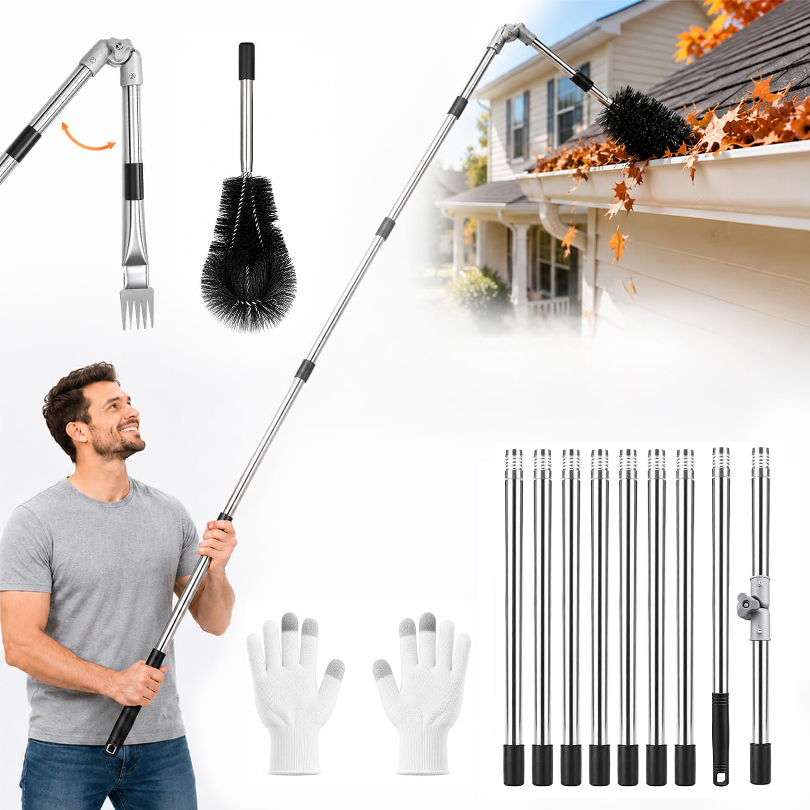 Telescopic Gutter Cleaner, 13FT/4M Gutter Cleaning Tools with Adjustable Gutter Cleaning Pole, 90° Bendable Brush & Rake, Rustproof Stainless Steel Extension Kit for Roof Leaves and Debris