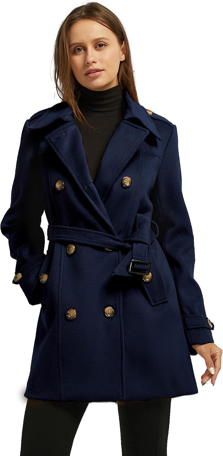 wantdo Women's Double Breasted Pea Coat Winter Mid-Long Trench Coat with Belt - Image 2