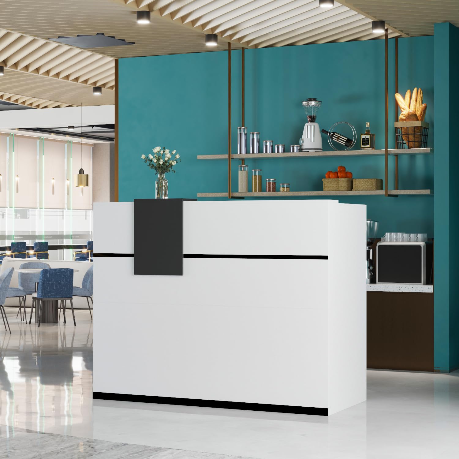Mostradores de recepción, Mueble de oficina de recepción, Mostrador de recepción con cajones y armarios con cerradura, Mostrador de recepción con estantes abiertos ajustables, 140X60X110cm, MDF