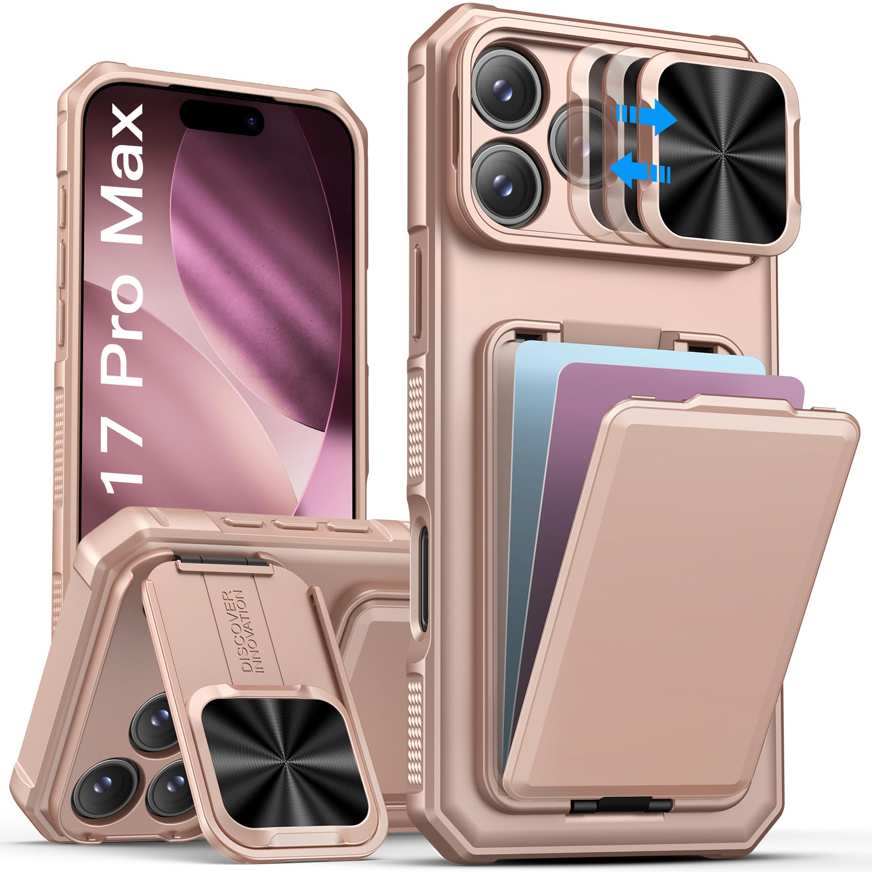 sslotscase for iphone 17 pro max case with wallet & sliding lens cover & kickstand & credit card holder & camera stand, military-grade protection phone case cover for iphone 17 pro max 2025, rose gold