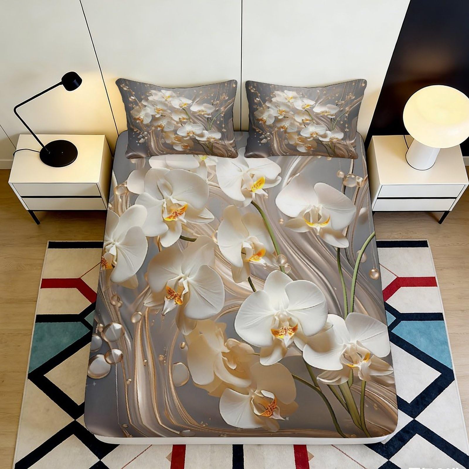 3D Printed Orchid Blossom Fitted Sheet Microfiber Soft Floral Bed Cover for Bedroom Guest Room Mattress Protection Decor 90x200x25cm