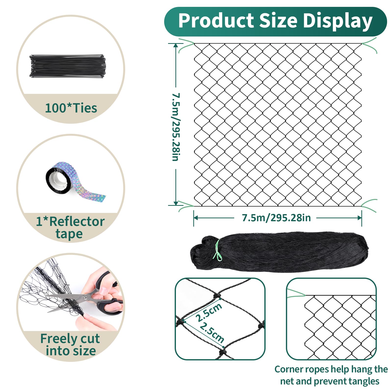 LALAGO Rete Anti Uccelli, 7,5m x 7,5m Maglia 25mm x 25mm Rete Anti Piccioni Uccelli, Rete Tessuta Extra Forte, Reti per Proteggere Giardini Stagni Frutteti Orti Recinzioni