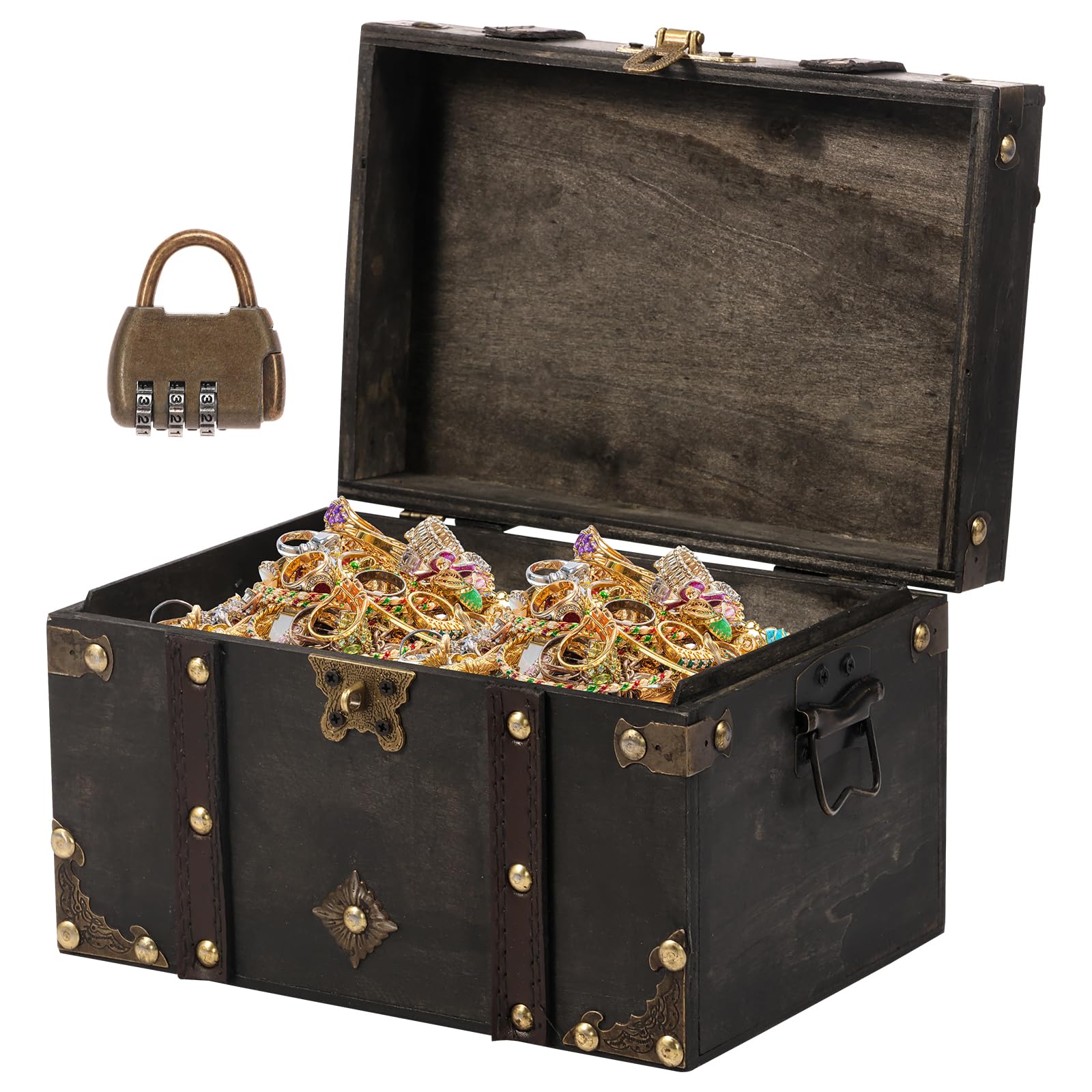Wameitf Grey Vintage Distressed, Pirate Treasure Chest Storage Box, Wood Vintage Treasure Chest With Lock, 22X15x13.5cm, Jewelry Storage Box For Jewelry Trinket Card Bedroom Dresser Countertop