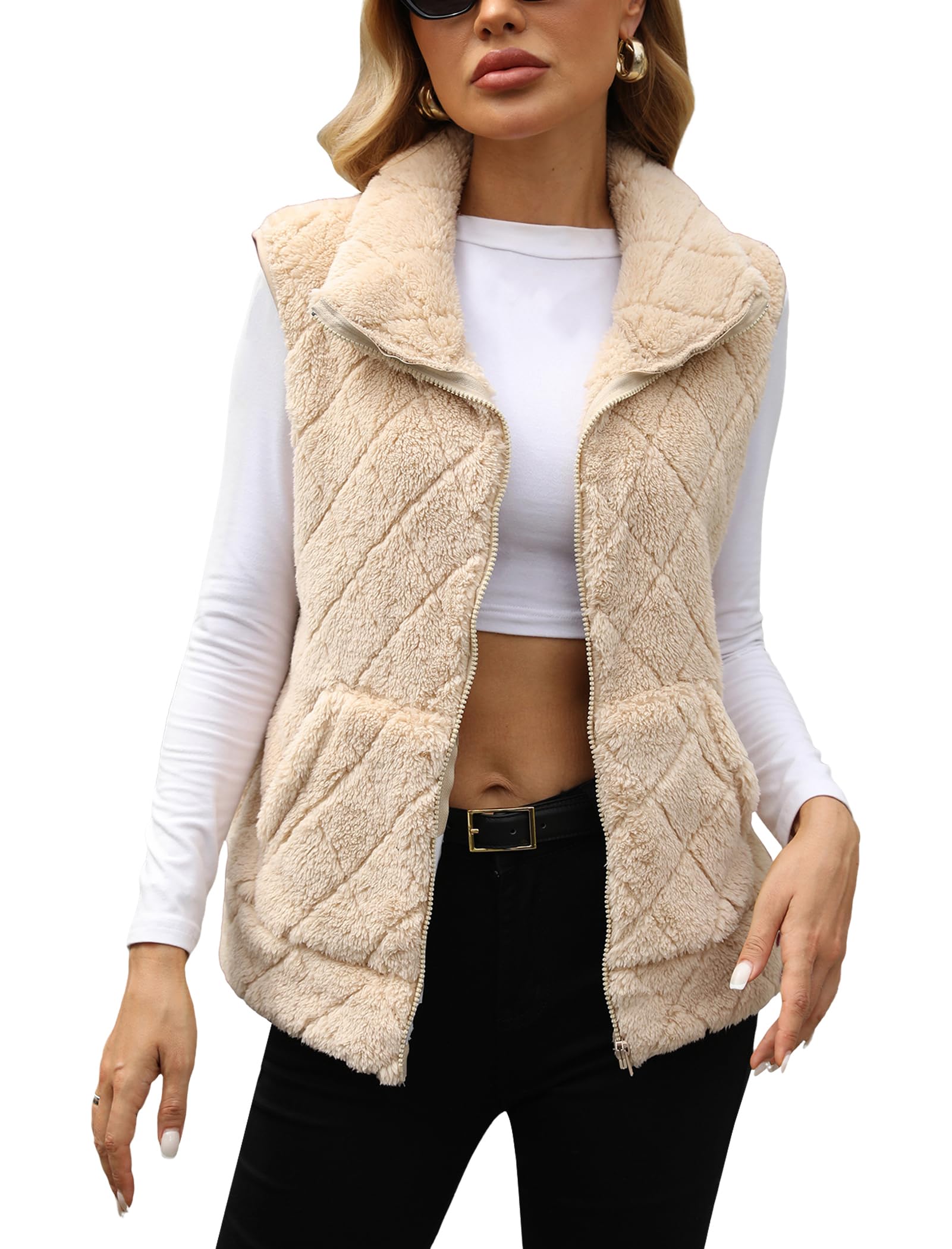 Gilet invernale da donna in pile Sherpa peloso, senza maniche, con cerniera, aperto sul davanti, leggero, comodo, con colletto alla coreana, con tasche