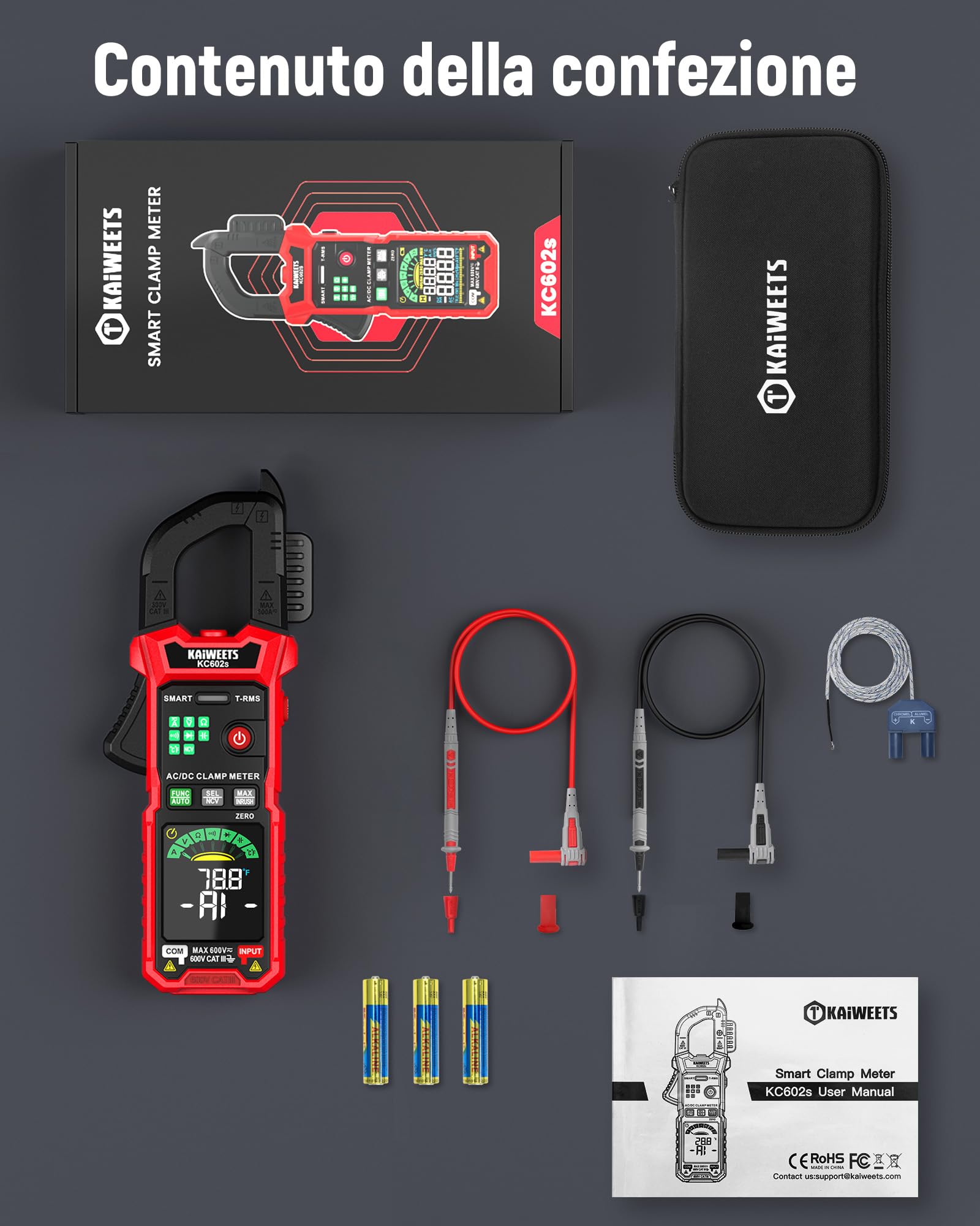 KAIWEETS Pinza Amperometrica Digitale 600A TRMS, Auto Misurazione Intelligente, 6000 Counts, Corrente e Tensione AC/DC, NCV, Corrente di Spunto, Resistenza, Capacità, Temperatura, Test Diodi e Continu