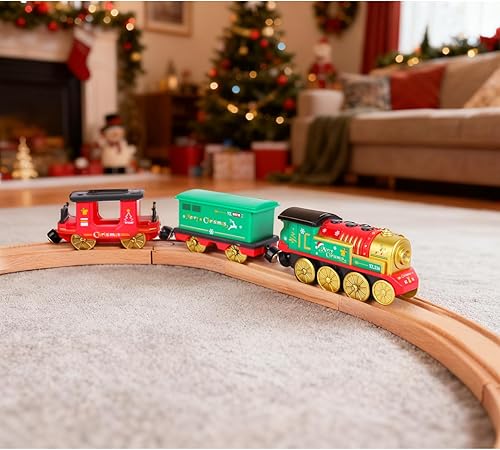 Miniatura 8 de Tren a pilas para pista de madera, juego de locomotora de tren motorizado de Navidad con conexión magnética, luces y sonidos, accesorios de tren de