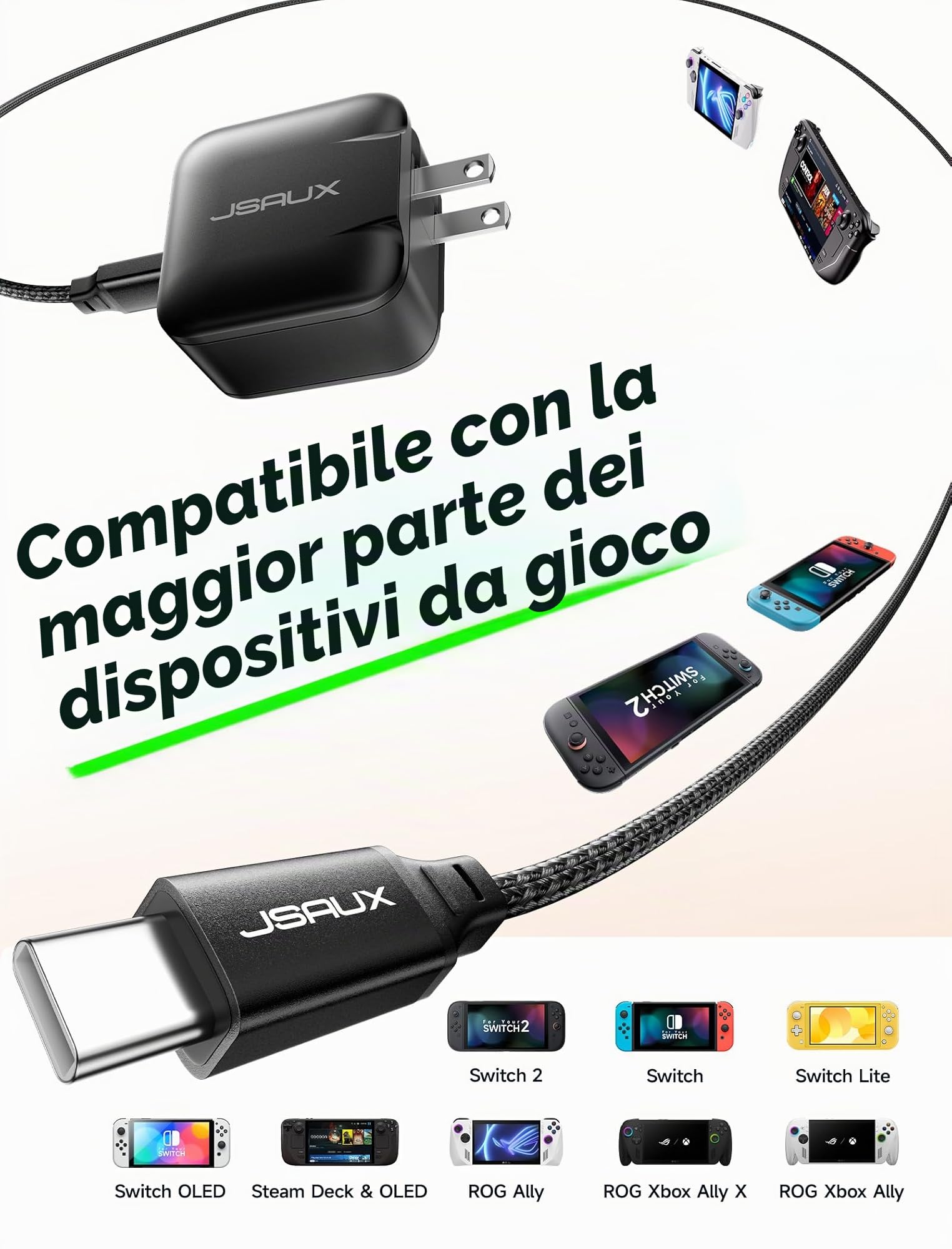 JSAUX Caricatore USB C da 65W per Nintendo Switch 2, alimenta in modalità TV, con spine EU/UK e cavo da 2 m, ricarica rapida per console, smartphone, tablet e laptop – Nero