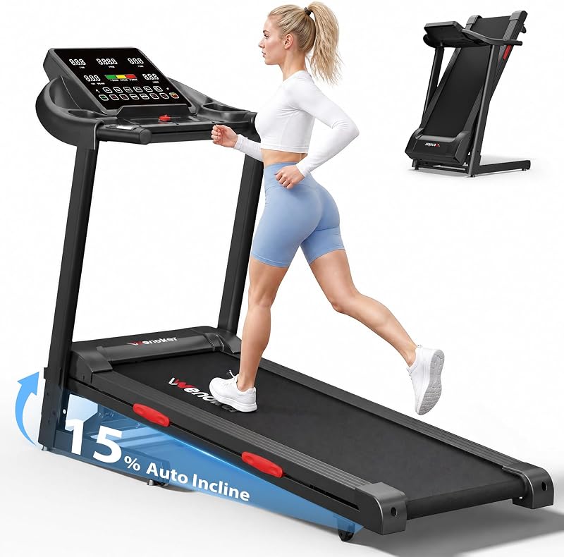 WENOKER Treadmill for Home, Folding Treadmill with 15% Auto Incline,3.0HP Folding Treadmill with App,12 Workout Programs, Max 8.7 MPH Running Machine, 300 LBS Capacity (Black Red)