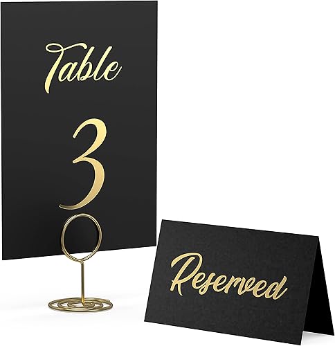 10 letreros negros reservados con 30 números de mesa negros y 10 soportes dorados para números de mesa