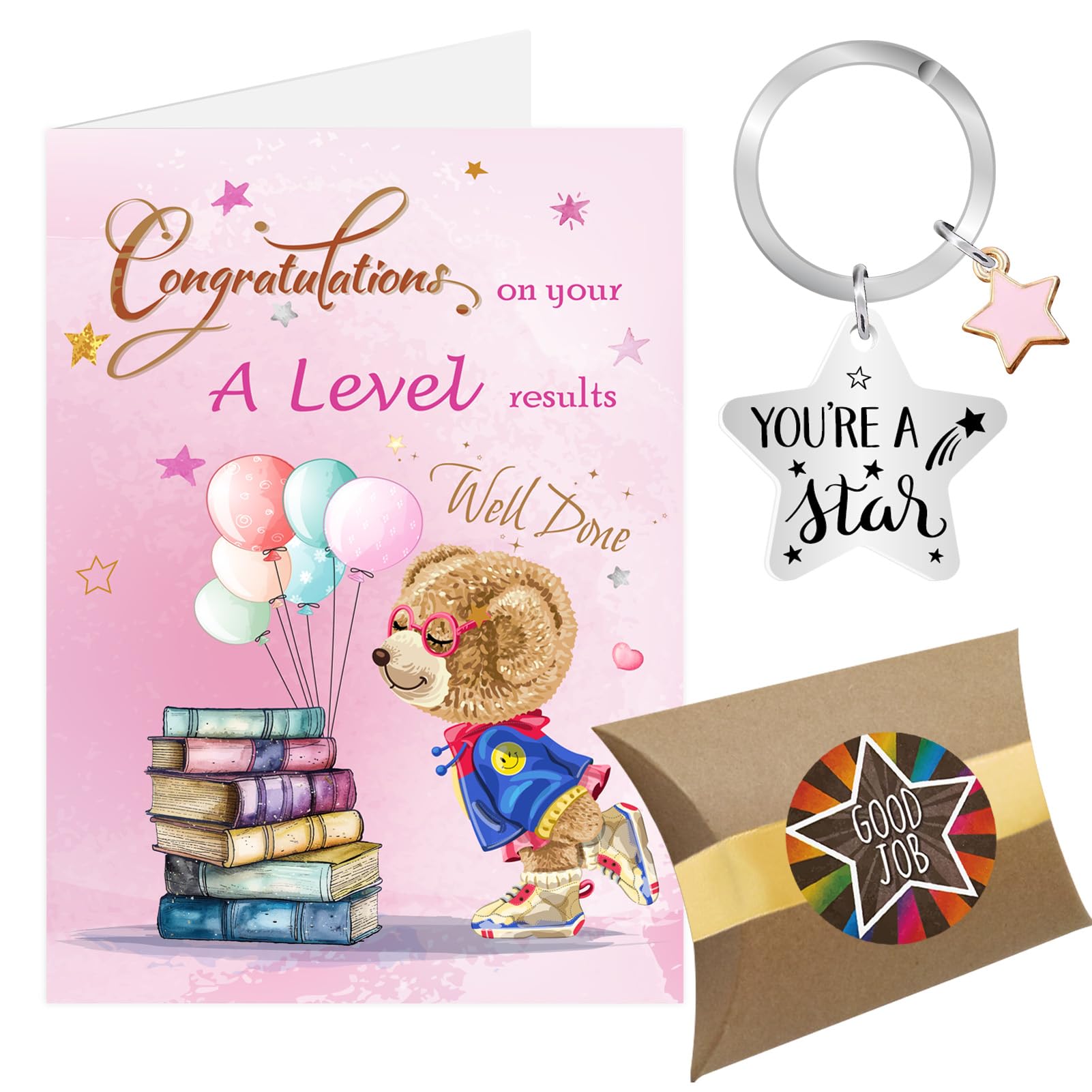 A Level Exam Congratulations Card, Pink Star Congratulations on Your Exam Results Gifts Keyring, Well Done So Proud of You Passing Passed Exams Card (Pink - A Level)