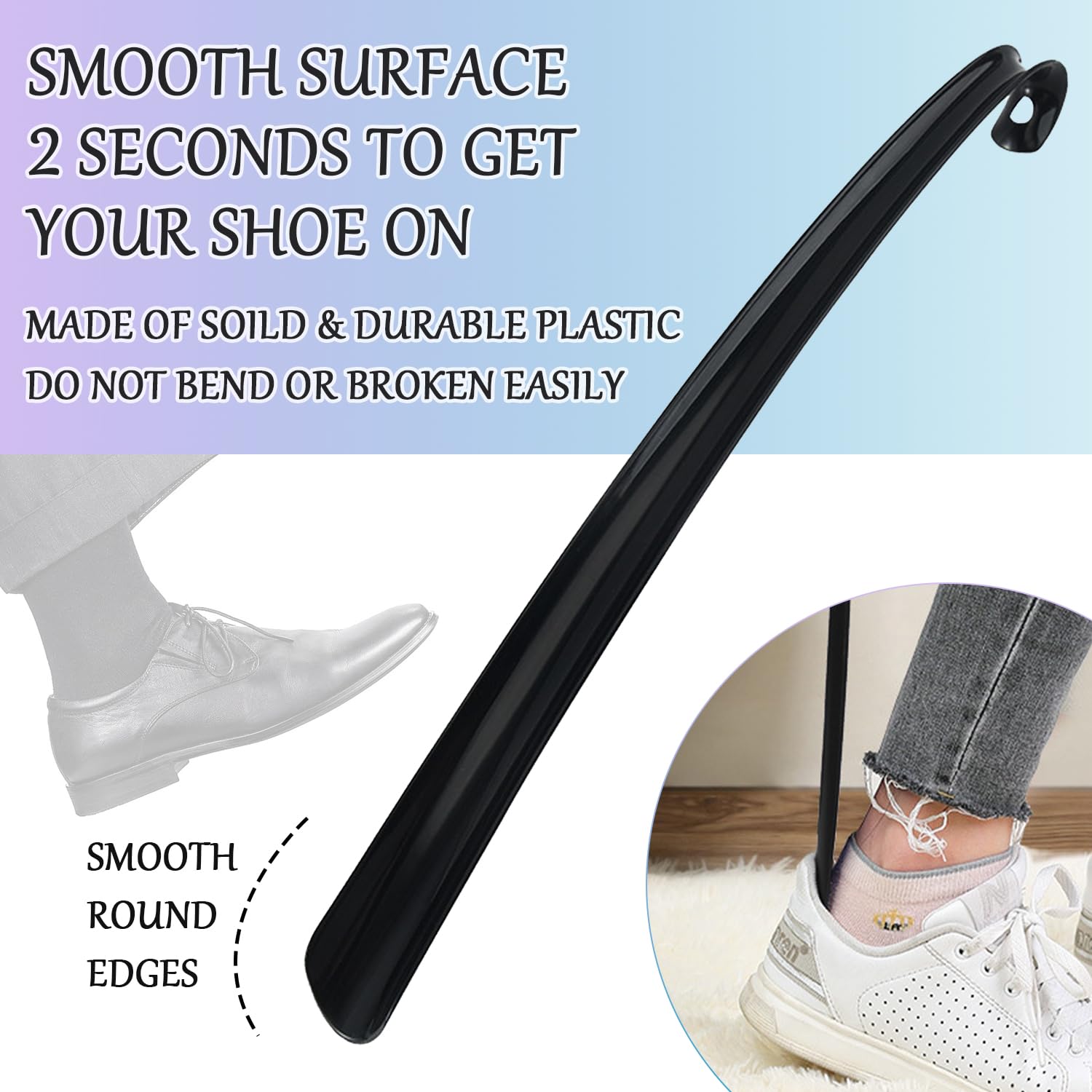 Calzador Plástico Negro 42cm y 19.5cm para Zapatos - Ayuda para Vestir para Mayores y Niños