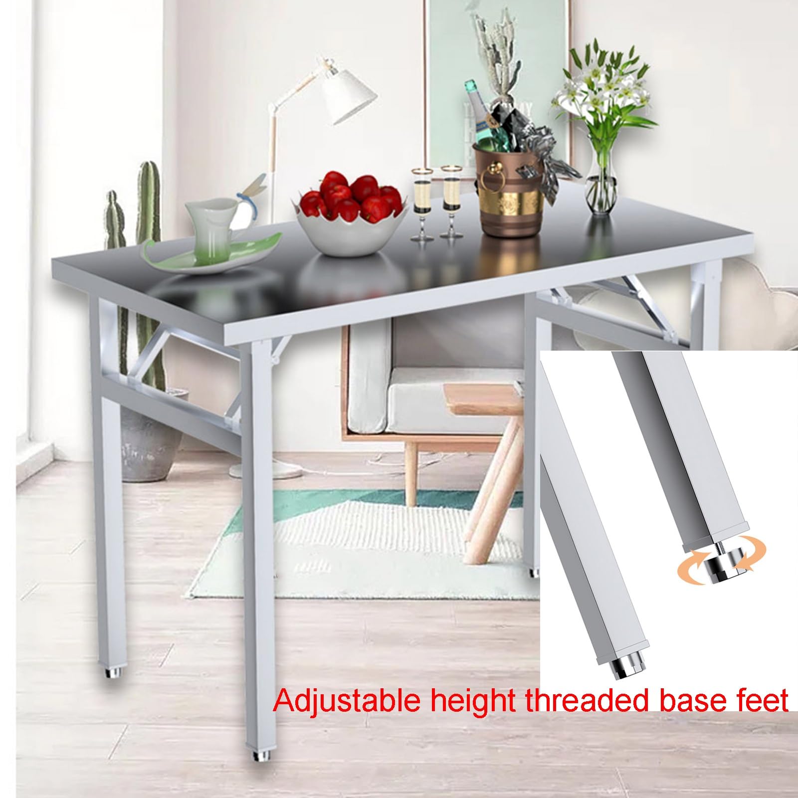 Banco de Trabajo Plegable de Acero Inoxidable Reforzado Mesa Portátil para Acampadas Picnics Y Fiestas Mesa de Preparación de Cocina Resistente Que No Requiere Montaje