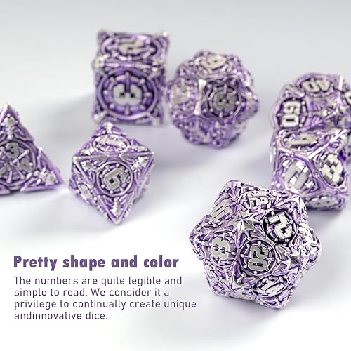 Miniatura 3 de DND - Juego de dados de metal con caja, coloridos dados de pirata DND de 7 piezas para regalos RPG D&D Dungeons and Dragons (morado plateado)