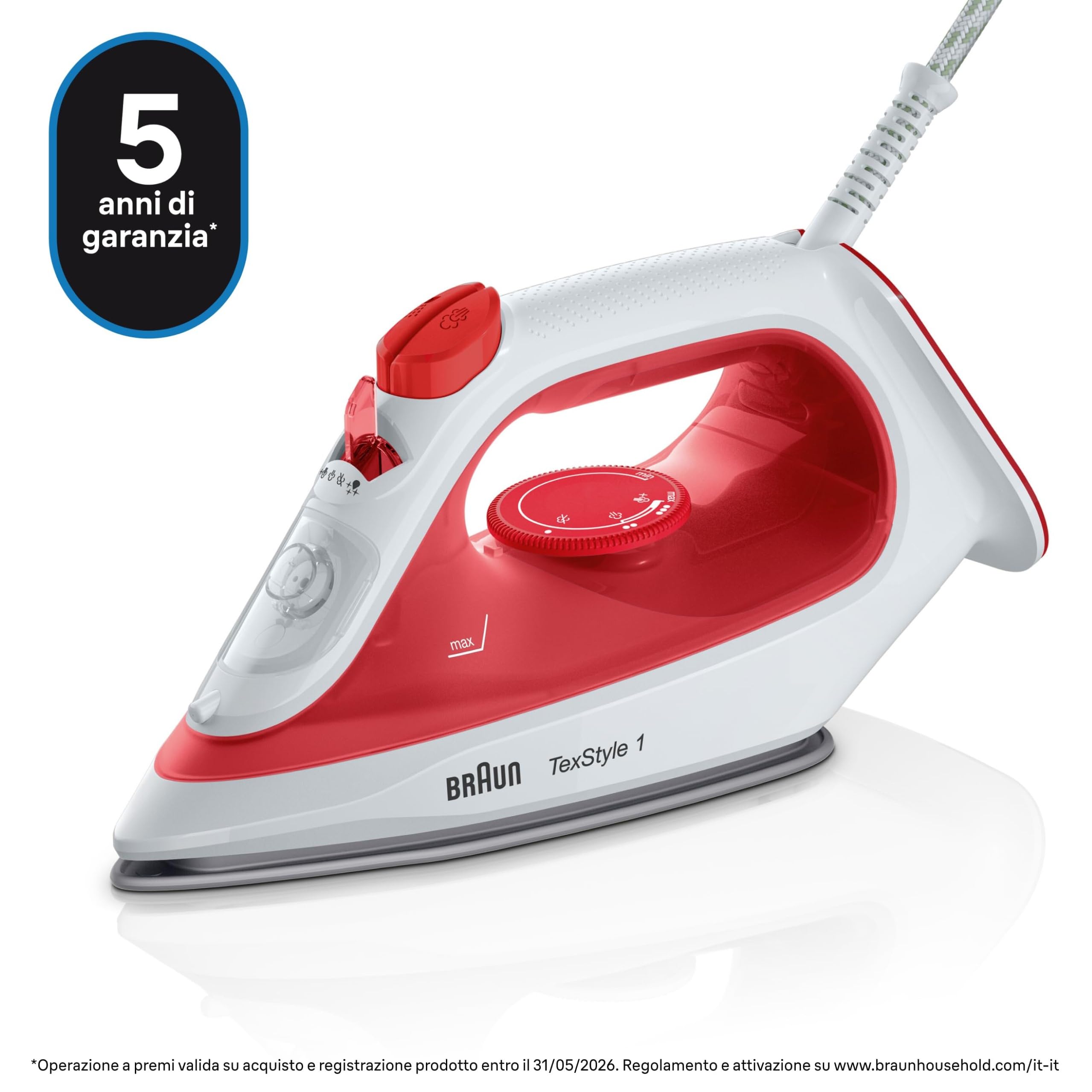 Braun TexStyle 1 SI 1019, Ferro da stiro a Vapore, Rivestimento Antiaderente, Termostato, 25g/min in modalità Turbo, Capacità Serbatoio Acqua 220ml, 1900W, Rosso/bianco