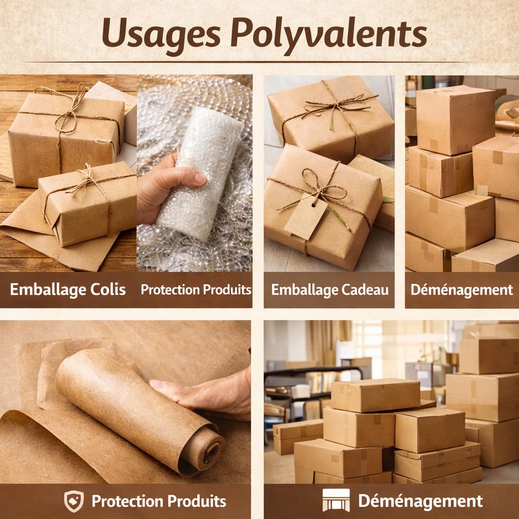 Rouleau Papier Kraft - 90 cm x 250 m – Papier Kraft Marron 70 g/m² – Papier Emballage Colis, Protection Carton, Emballage Cadeau – Papier Kraft Résistant pour Expédition, E-commerce & Déménagement