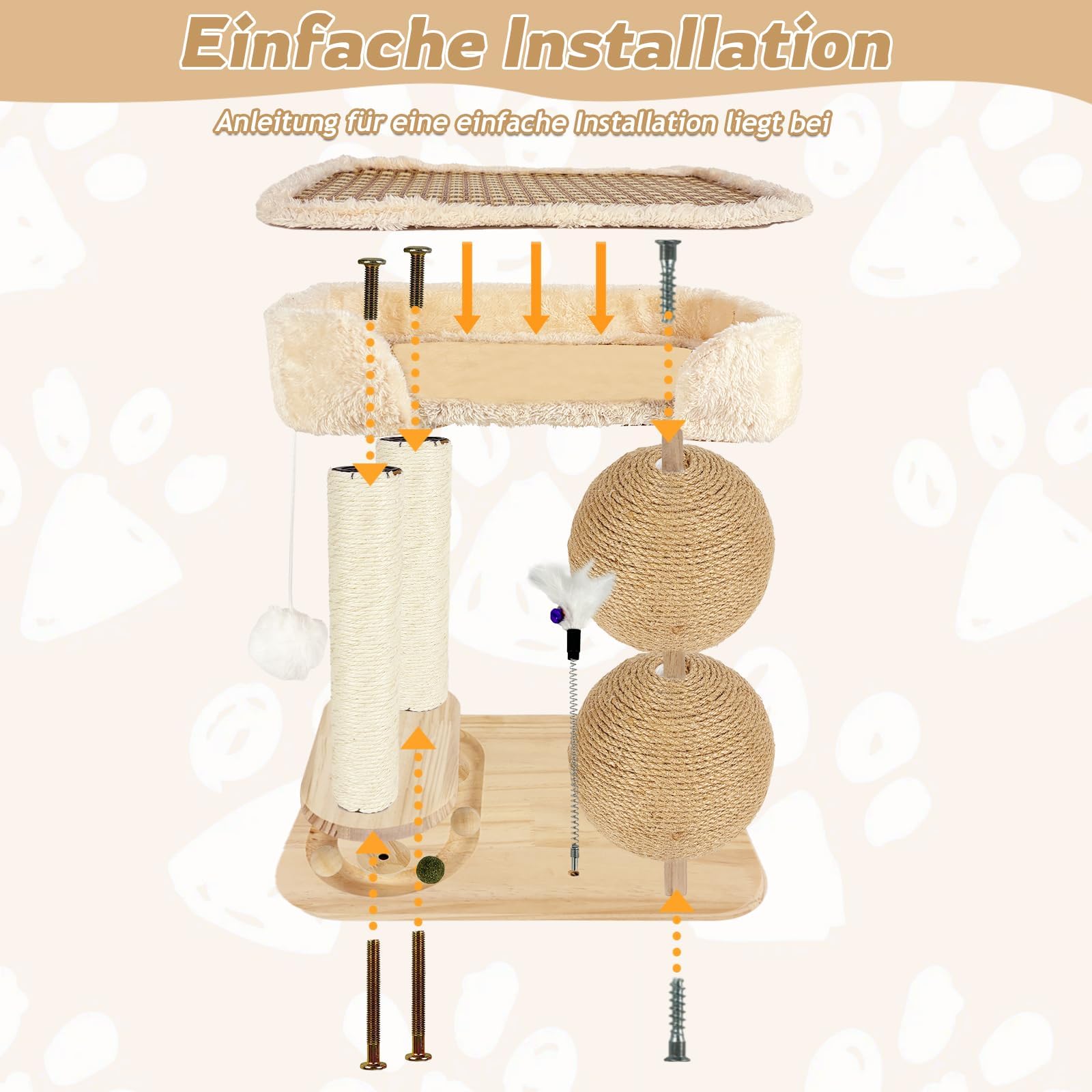 Juguete interactivo para gatos de madera 6 en 1, muebles para gatos con bolas colgantes, bola giratoria Smart Track Ball, alfombrilla de refrigeración para cama de gatos, plumas, árbol rascador de