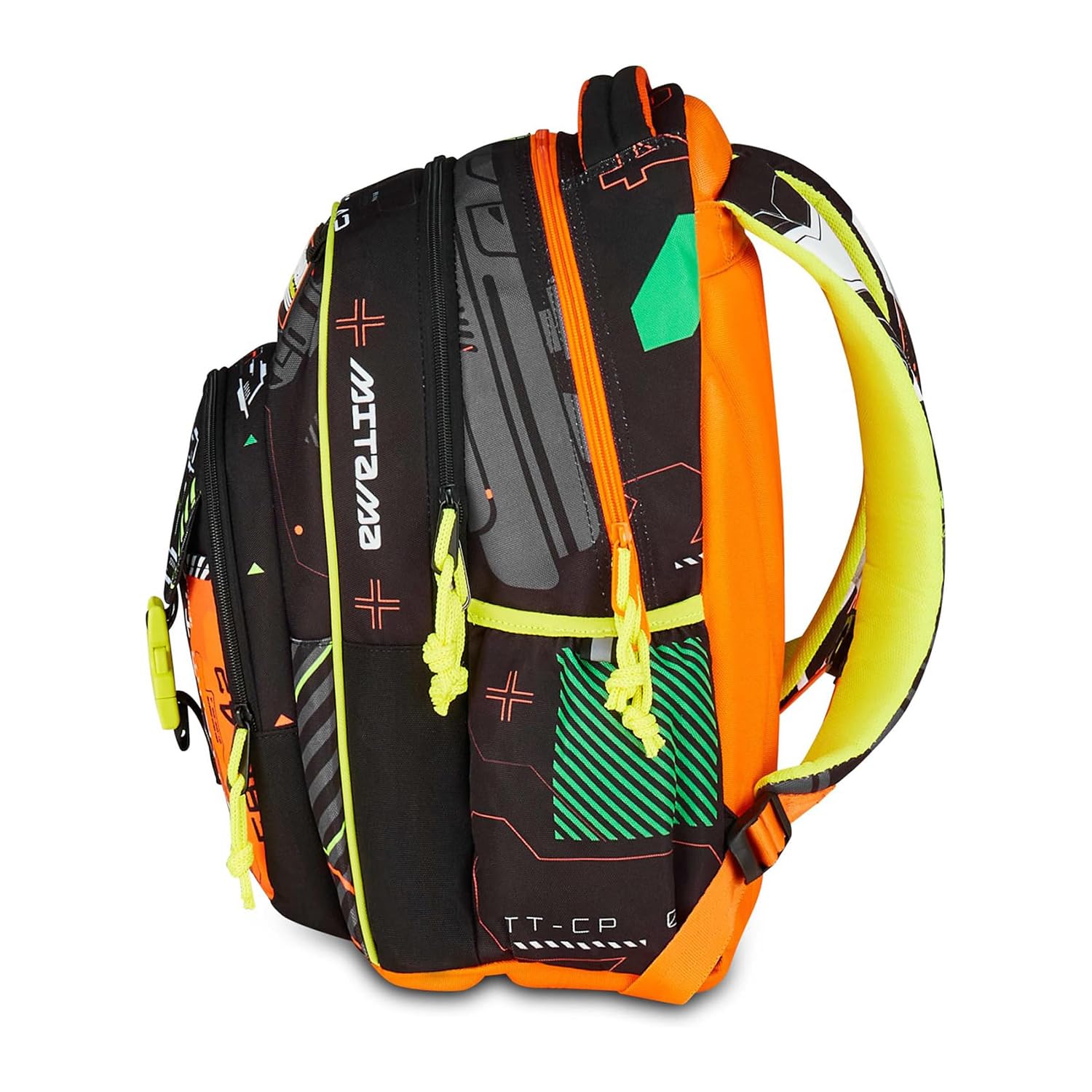 Mitama Zaino Scuola FLUO BATTLE, New Plus, Triplo Scomparto, Tasche Porta Borraccia, Spallacci Ergonomici, Scuola Elementare Bambino, Media