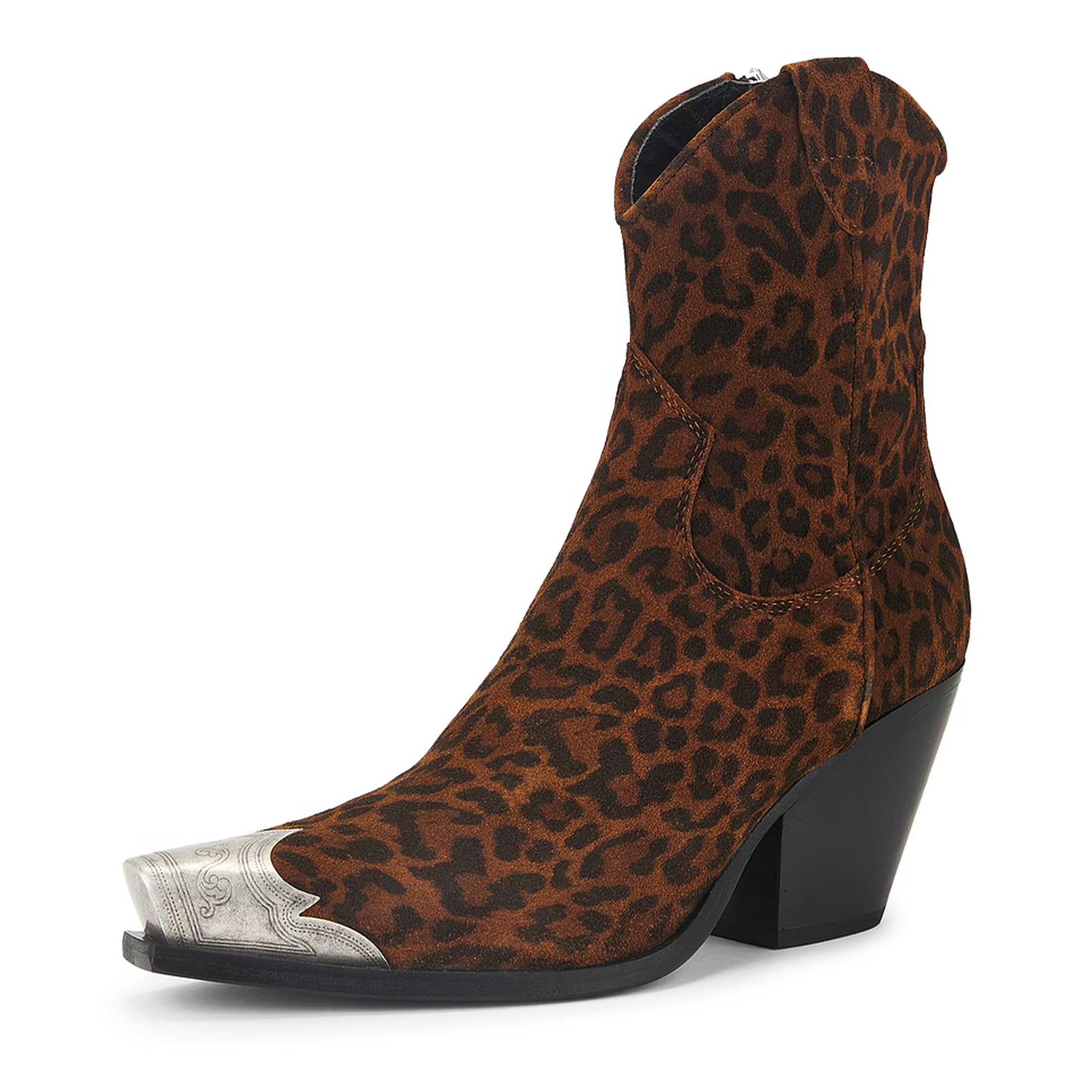 HoanTiai Cowboy Ankle Boots for Women Engraved Steel Toe Cowgirl Boots Stacked Block Heels Short Cowboy Boot Fashion Dressy Western Country Booties