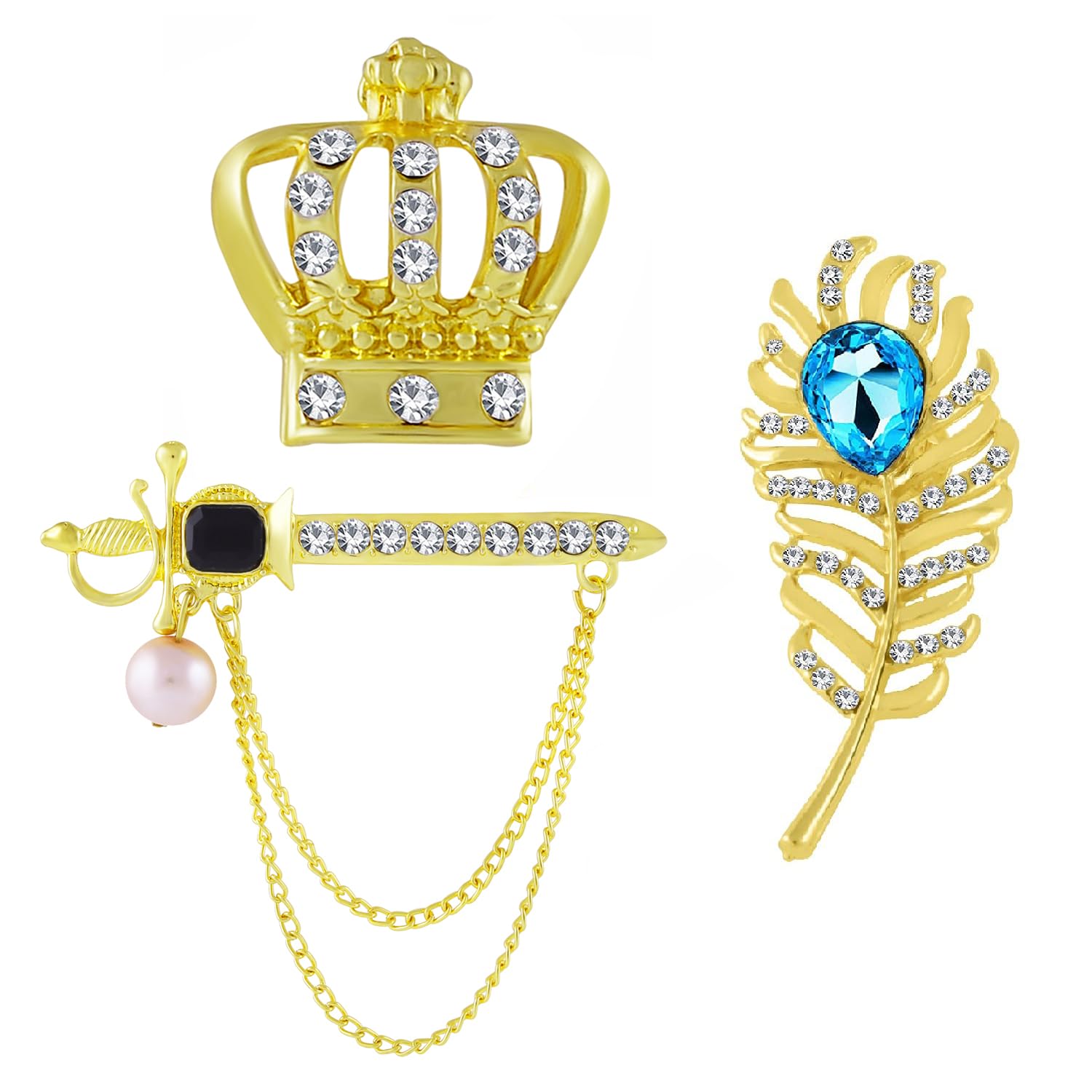 Okos Gold Plated MenS Jewellery Combo Of 3 Indo Alloy Brooch Lapel Pin Studded With Multi Color Crystal Stones For Boys And Men CO1000380 (B0948V4YDS) Amazon Price History, Amazon Price Tracker