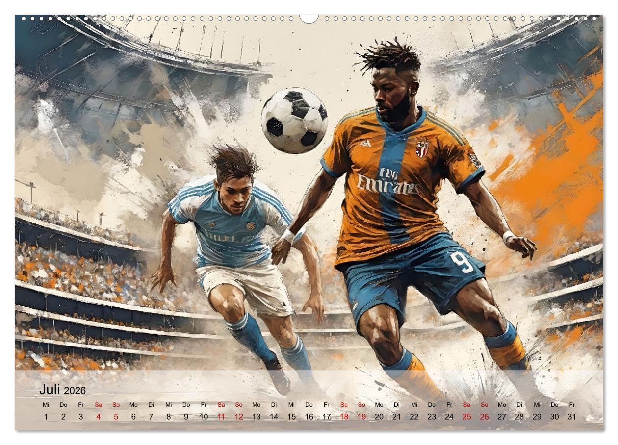 Fußball - Finale (hochwertiger Premium Wandkalender 2026 DIN A2 quer), Kunstdruck in Hochglanz: Atmosphärische Illustrationen dynamischer Spielszenen rund um das Thema Fußball (CALVENDO Sport)