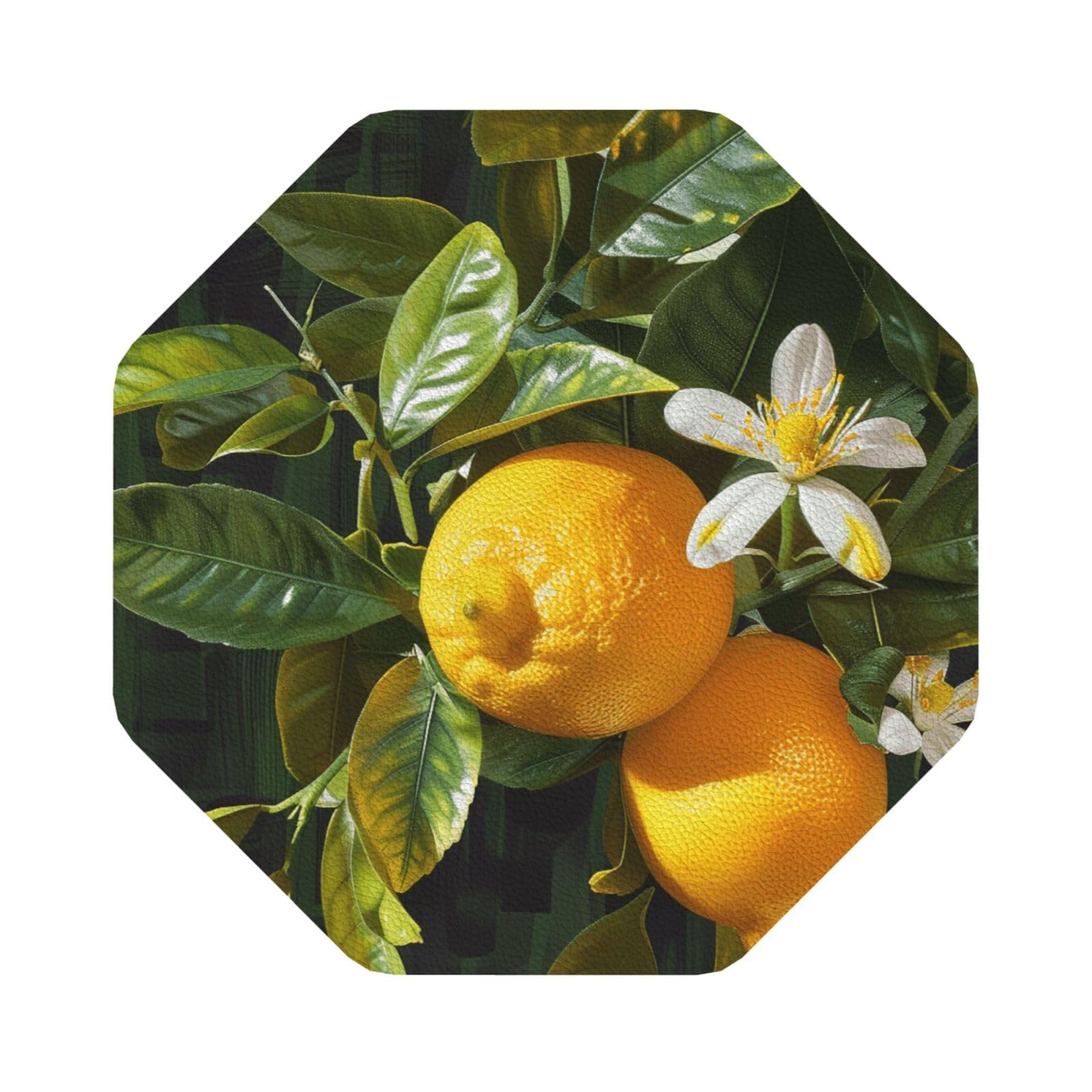 Yellow Lemon flower Print Leather Coaster Set of 6, Octagon Coasters Table Decorative Coffee Cup Beverage Coasters Wine Beer Bar Coasters for Hot Drinks Table Protection