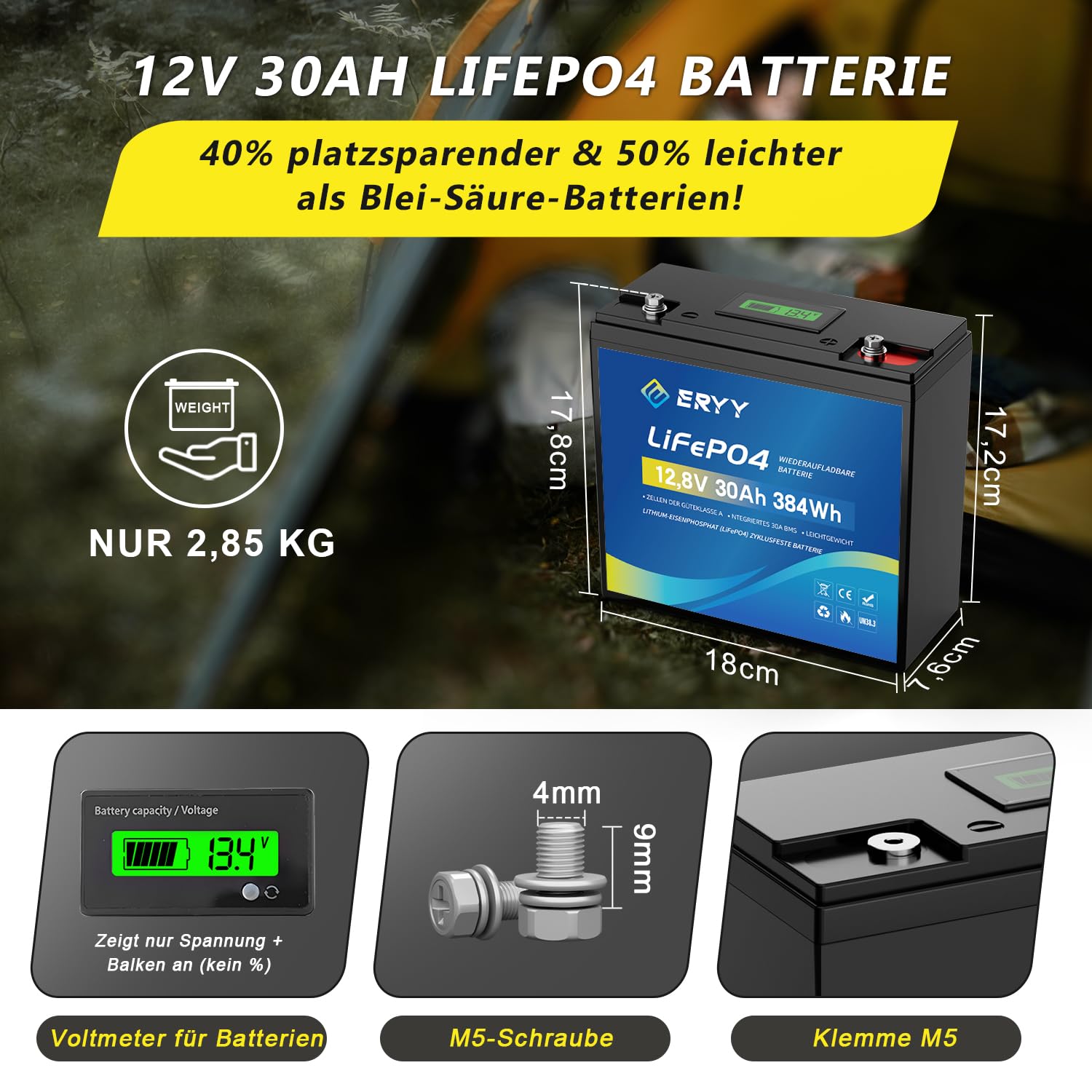 12V 30Ah LiFePO4 Batterie, 5000+ Tiefenzyklus Lithium-Batterie mit 30A BMS, Leichte wiederaufladbare Freizeitbatterie für Wohnmobile, Camping-Ausrüstung, Trolling-Motoren, Solarenergiespeicher