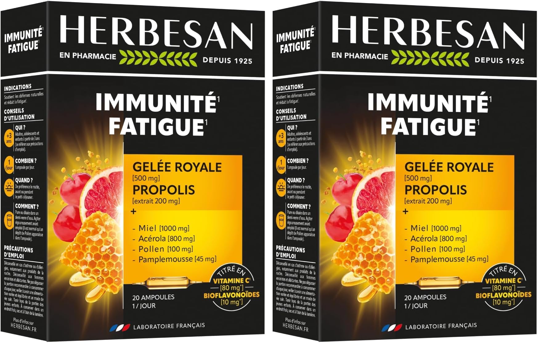 HERBESAN®- COMPLEXE VITALITÉ - Défenses immunitaire - Miel, Gelée Royale, Acérola, Pollen, Pamplemousse, Propolis - 20 ampoules de 10 ml (Lot de 2)