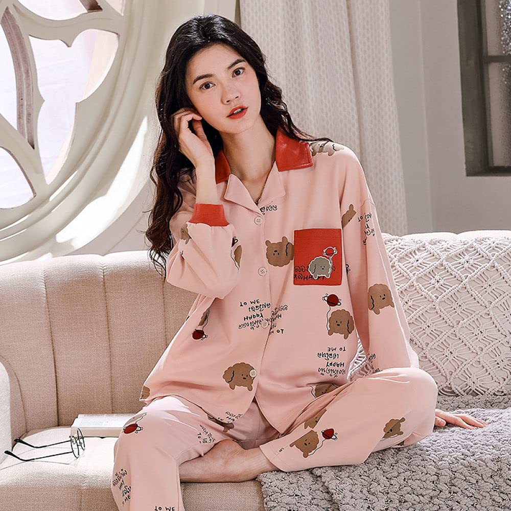 Manga Larga Pijama De Mujer De Dos Piezas,Conjunto De Pijamas para Mujer, Solapa, Manga Larga, con Botones, Ropa De Dormir De Algodón, Estampado Animal, Ropa De Hogar Rosa, Ropa De Dormir De Otoño