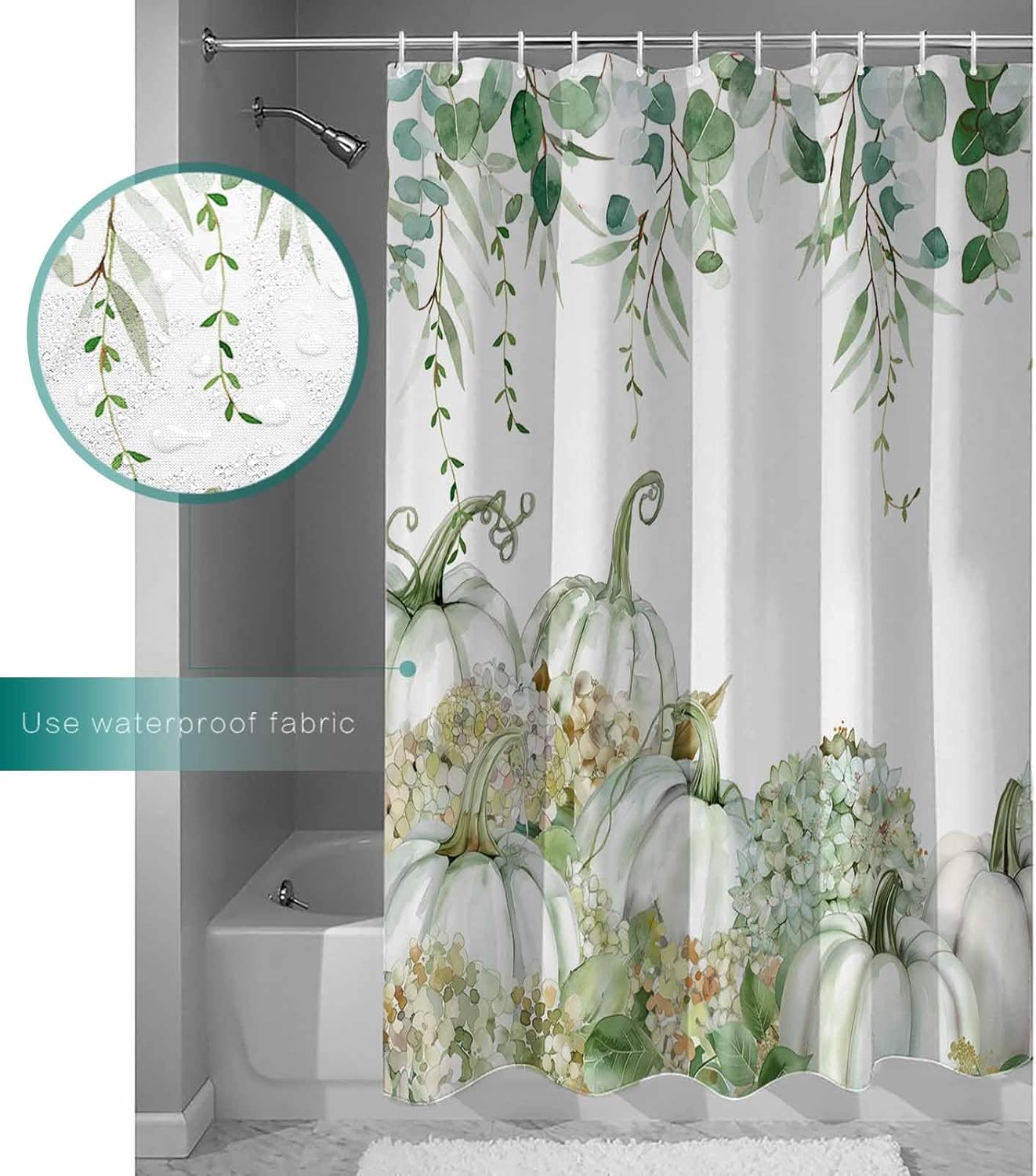 Fall Green Pumpkin Shower Curtain,Eucalyptus Leaves and Hydrangea Waterproof Fabric Shower Curtain Set with Hook for Bathroom,Watercolor Pumpkin Small Stall Bath Curtain for Bathtubs Decor 36"x78"
