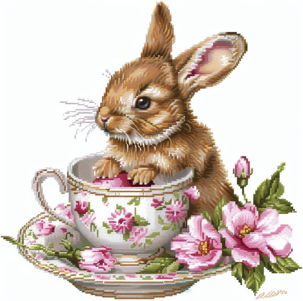Generic Cute Rabbit in Easter Teacup DIY 11CT Stamped Cross Stitch Kits for Beginners Easy Needlepoint Embroidery Counted Cross Stitch Art Craft for Wall Decoration 14x14inch(2)