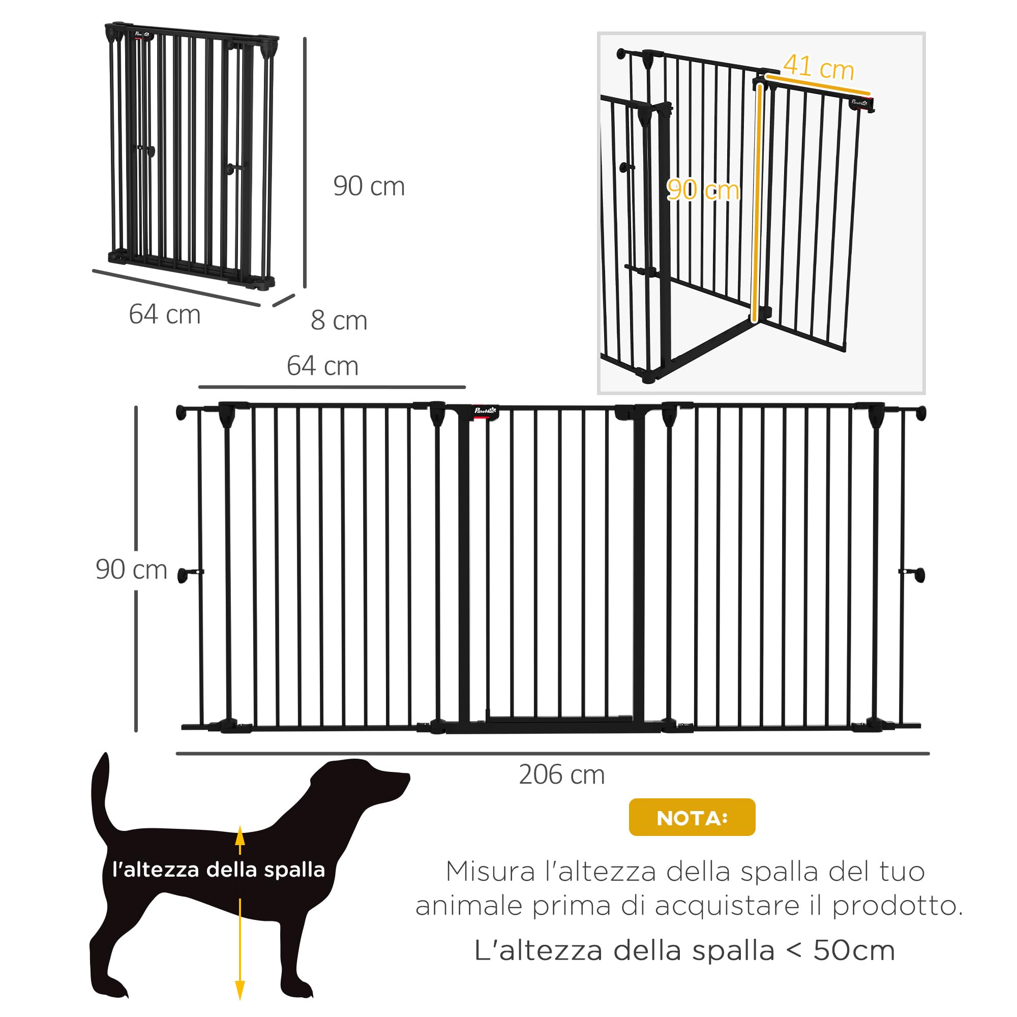 PawHut Cancelletto per Cani 90A cm a 3 Pannelli Pieghevoli con Doppio Sistema di Blocco, Cancelletto di Sicurezza in Acciaio e Plastica, 206x90cm, Nero