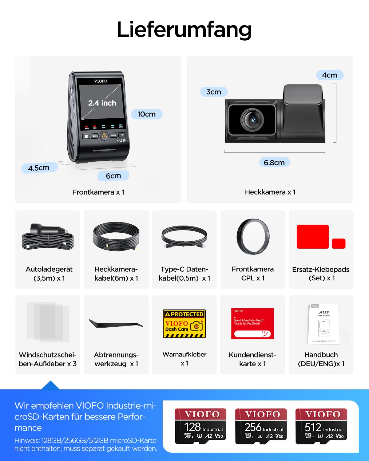 VIOFO A329S 2CH 4K 60FPS Dashcam anteriore e posteriore, Dashcam auto Dual 4K + 2K, Modalità di parcheggio a risparmio energetico aggiornata, Wi-Fi 6 e controllo tramite app, doppia fotocamera auto