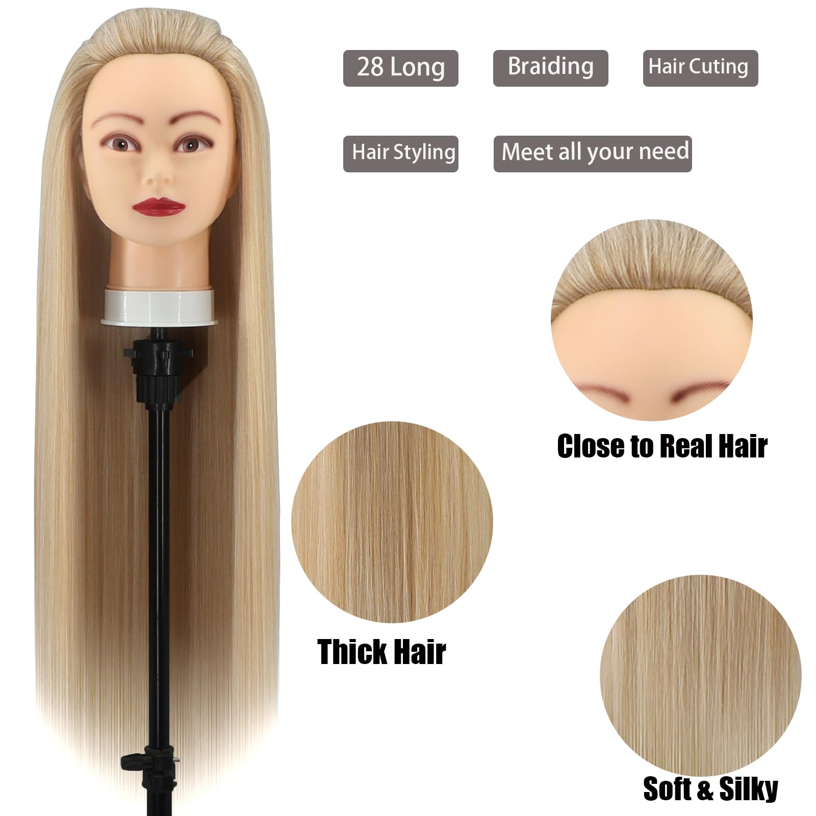 Testa Per Parrucchiere, 28 Inch Testina Parrucchiere Capelli 100% fibre Sintetiche Parrucchiere Testa Per Parrucchiere con Morsetto Libero e DIY Accessori Per Capelli (3-60)
